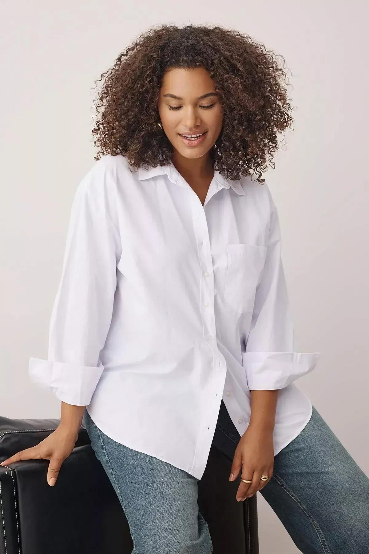 قميص بياقة للمقاسات الكبيرة، أبيض, White, large image number 1