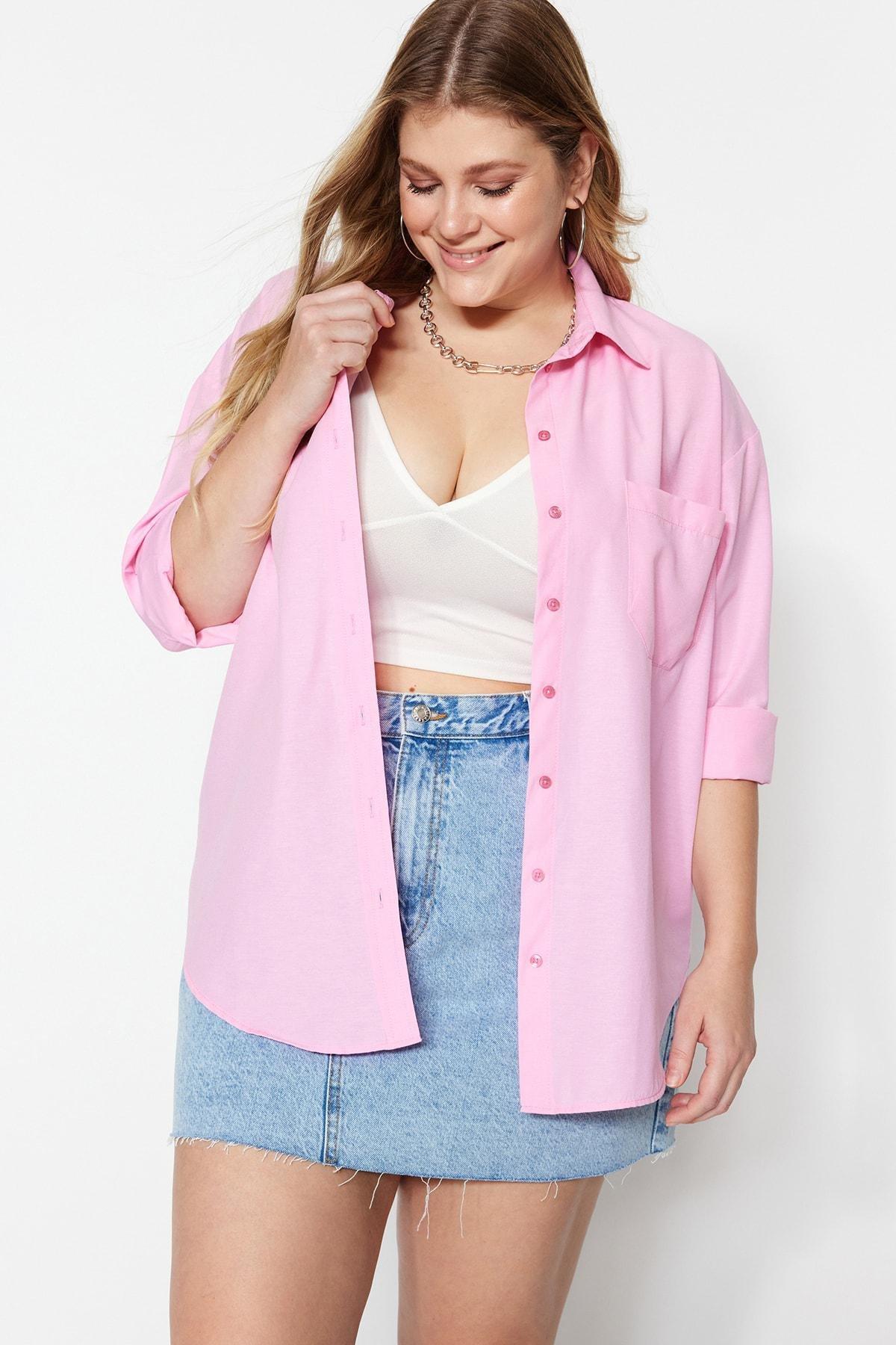 Pink Collared Plus-Size Shirt, Pink, large image number 1