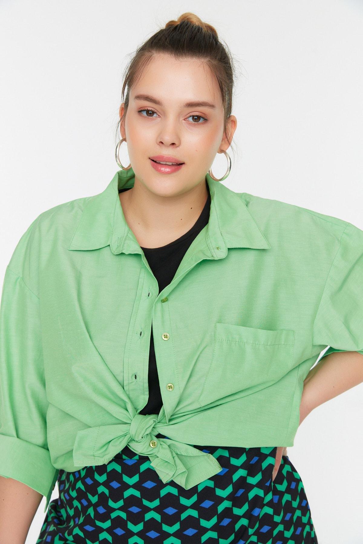 Green Plus Size Collared Shirt, , large image number 1