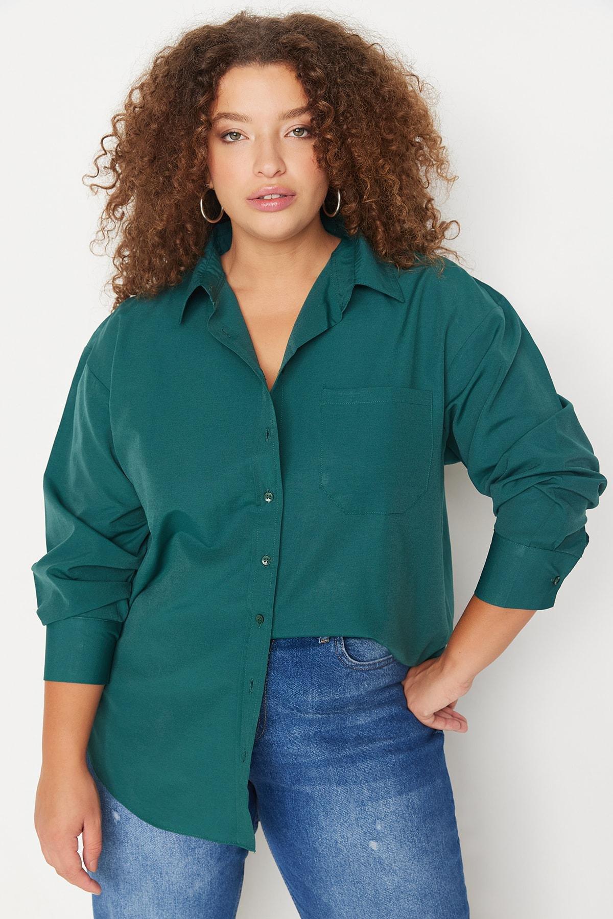 Trendyol - Khaki Plus Size Collared Shirt