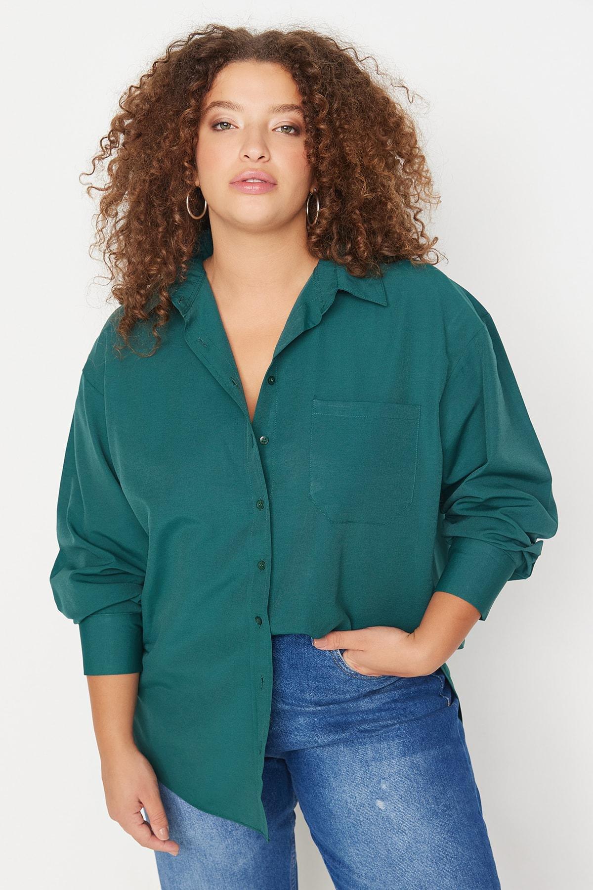 Trendyol - Khaki Plus Size Collared Shirt