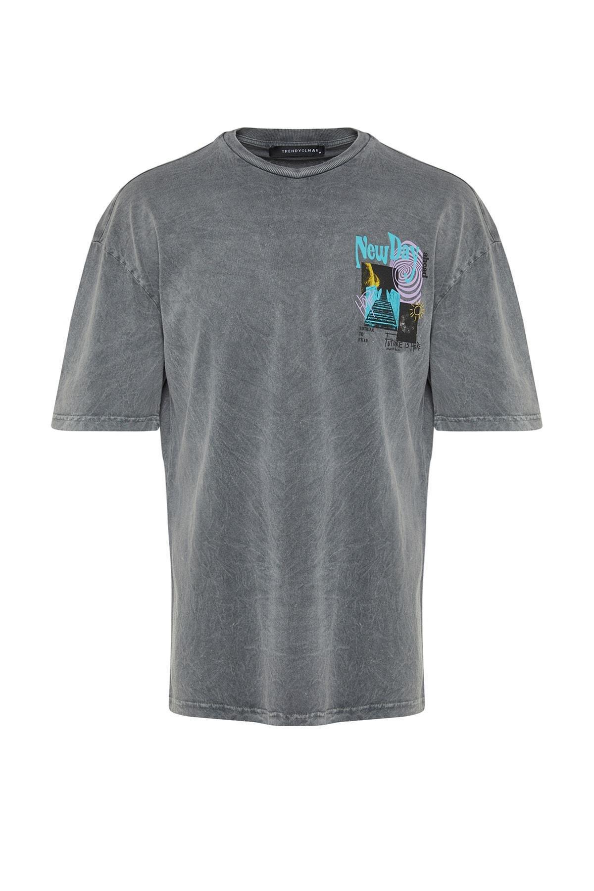 Gray Relaxed Crew Neck T-Shirt, , large image number 7