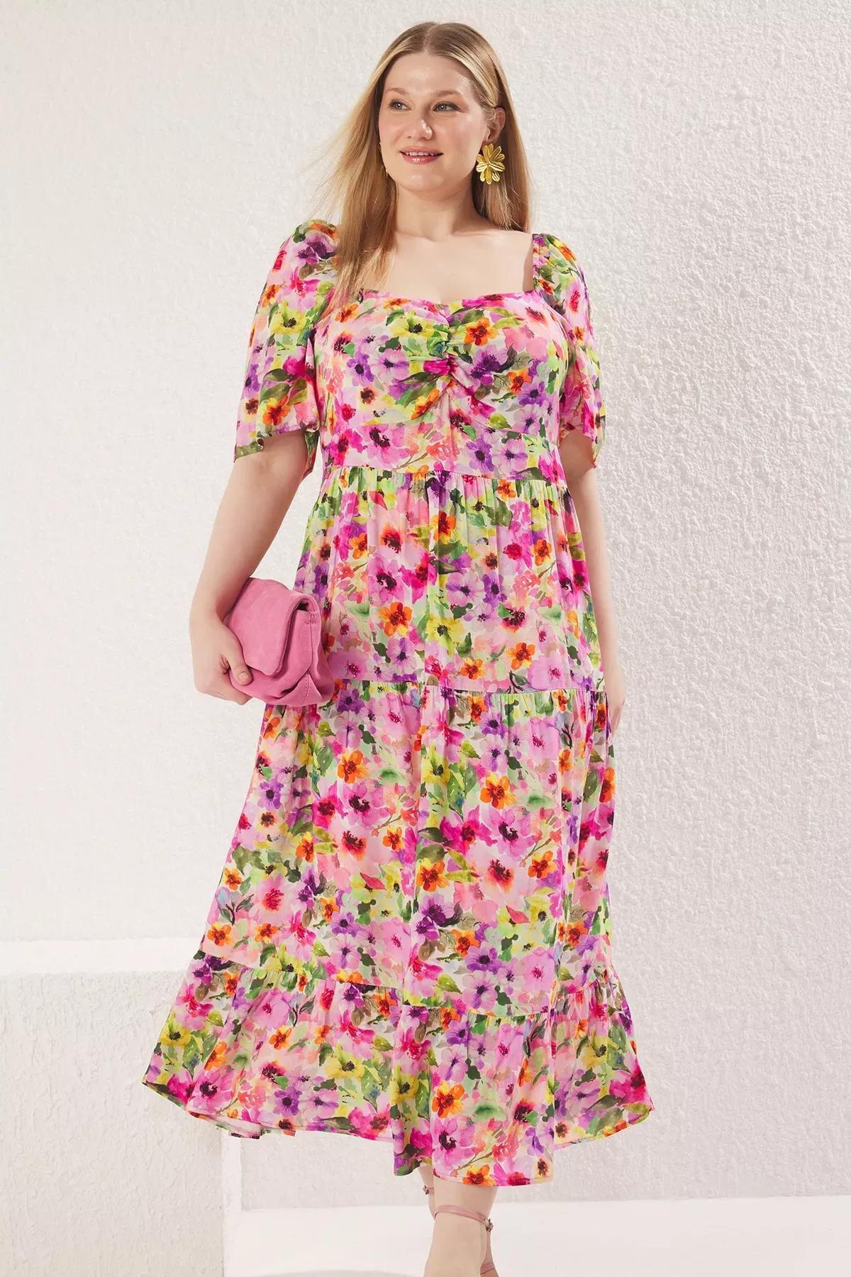 Pink Floral Patterned Ruffle Dress, C101_1706, large image number 0