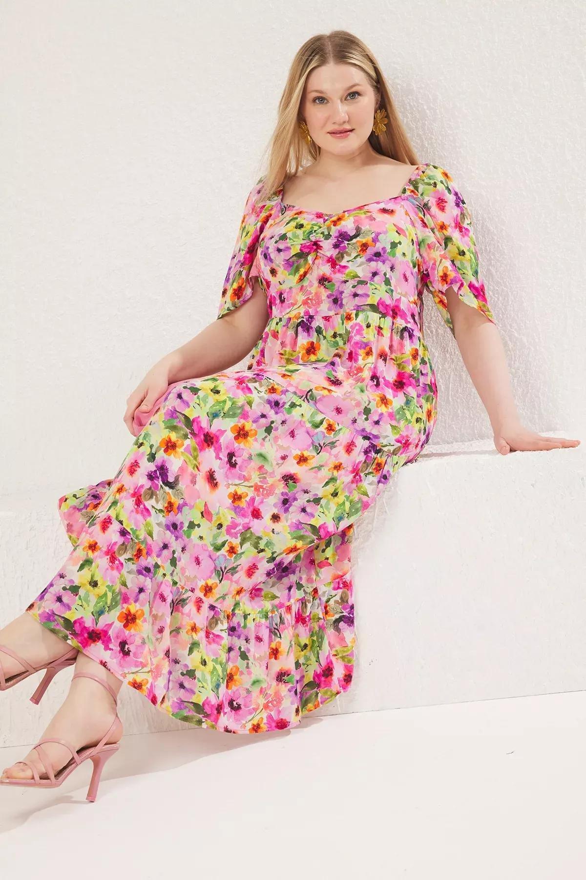 Pink Floral Patterned Ruffle Dress, C101_1706, large image number 1