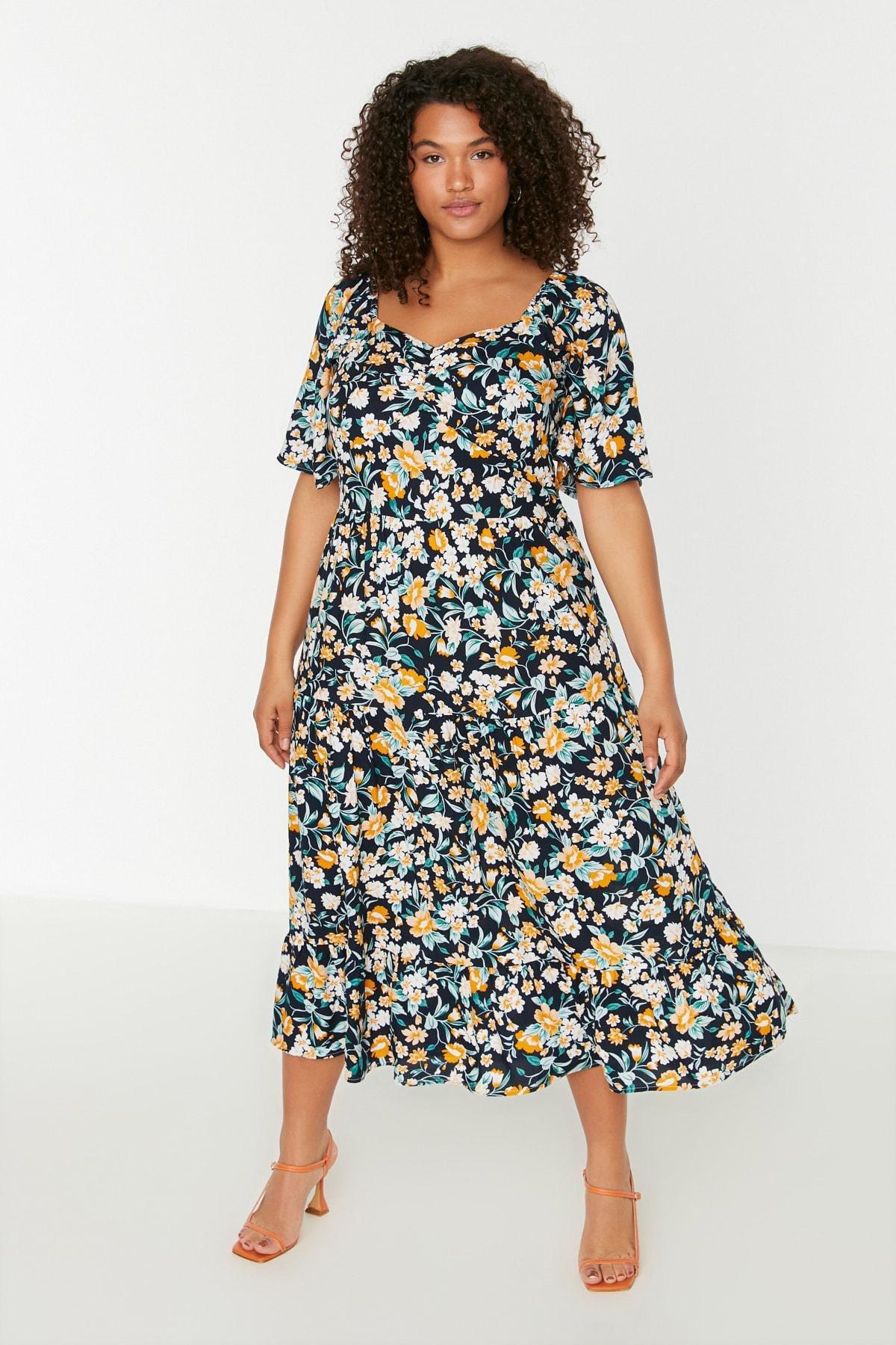 فستان بنمط منقوش للمقاسات الكبيرة، كحلي, Dark blue, medium