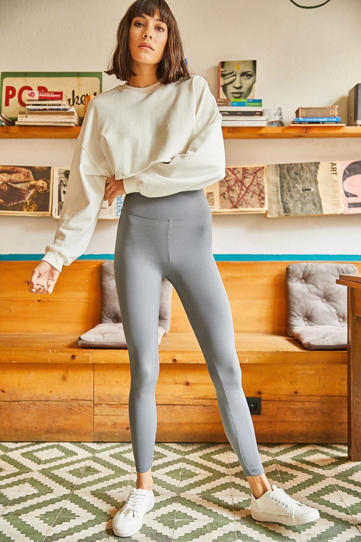 Grey High Waist Ribbed Leggings, , large image number 2