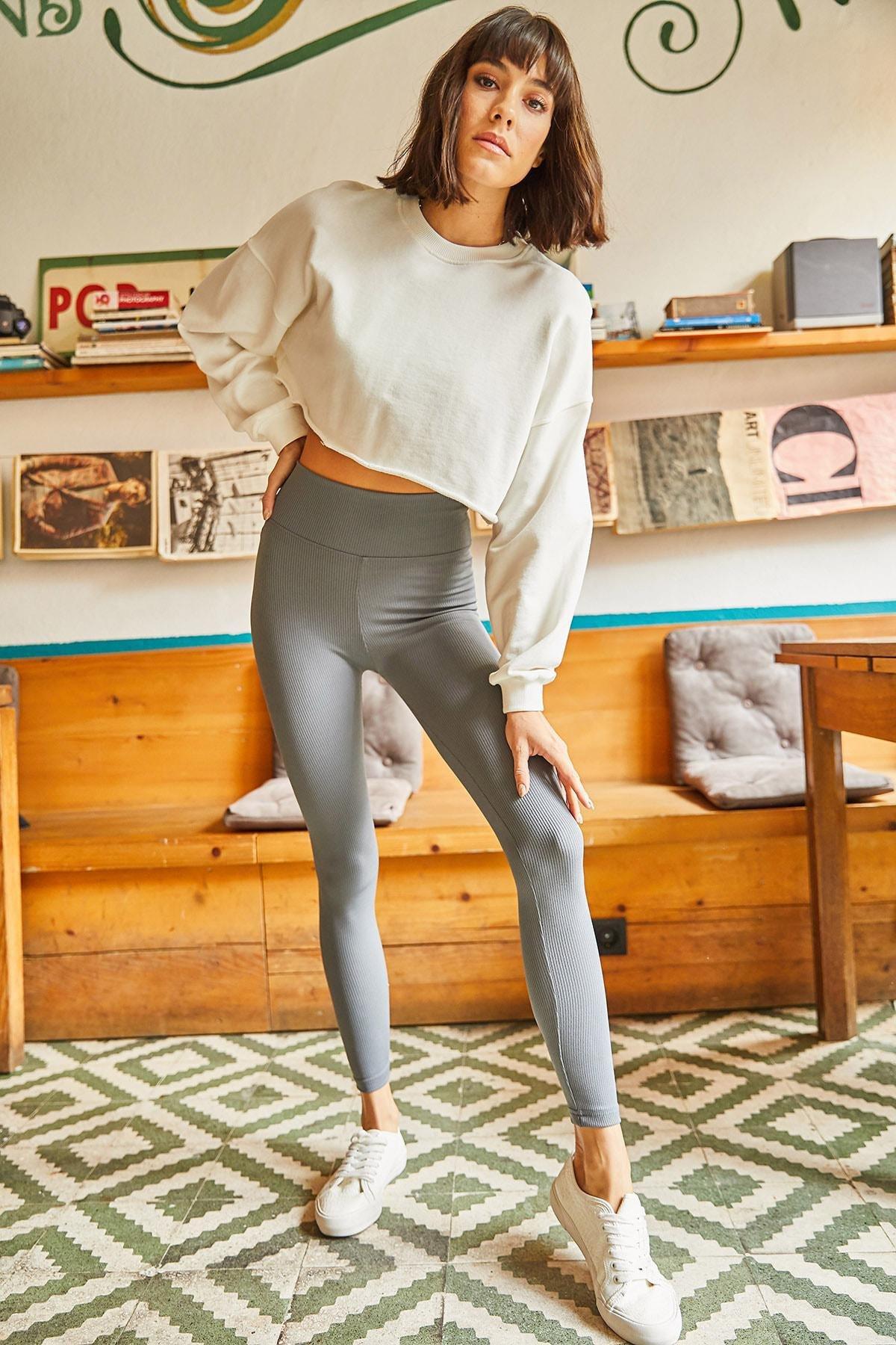 Grey High Waist Ribbed Leggings, , large image number 3