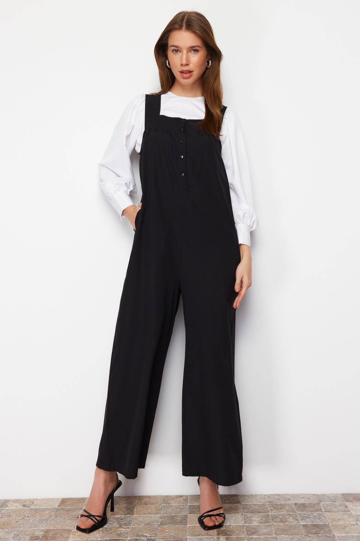 Black Regular Square Collar Jumpsuit, , large image number 0