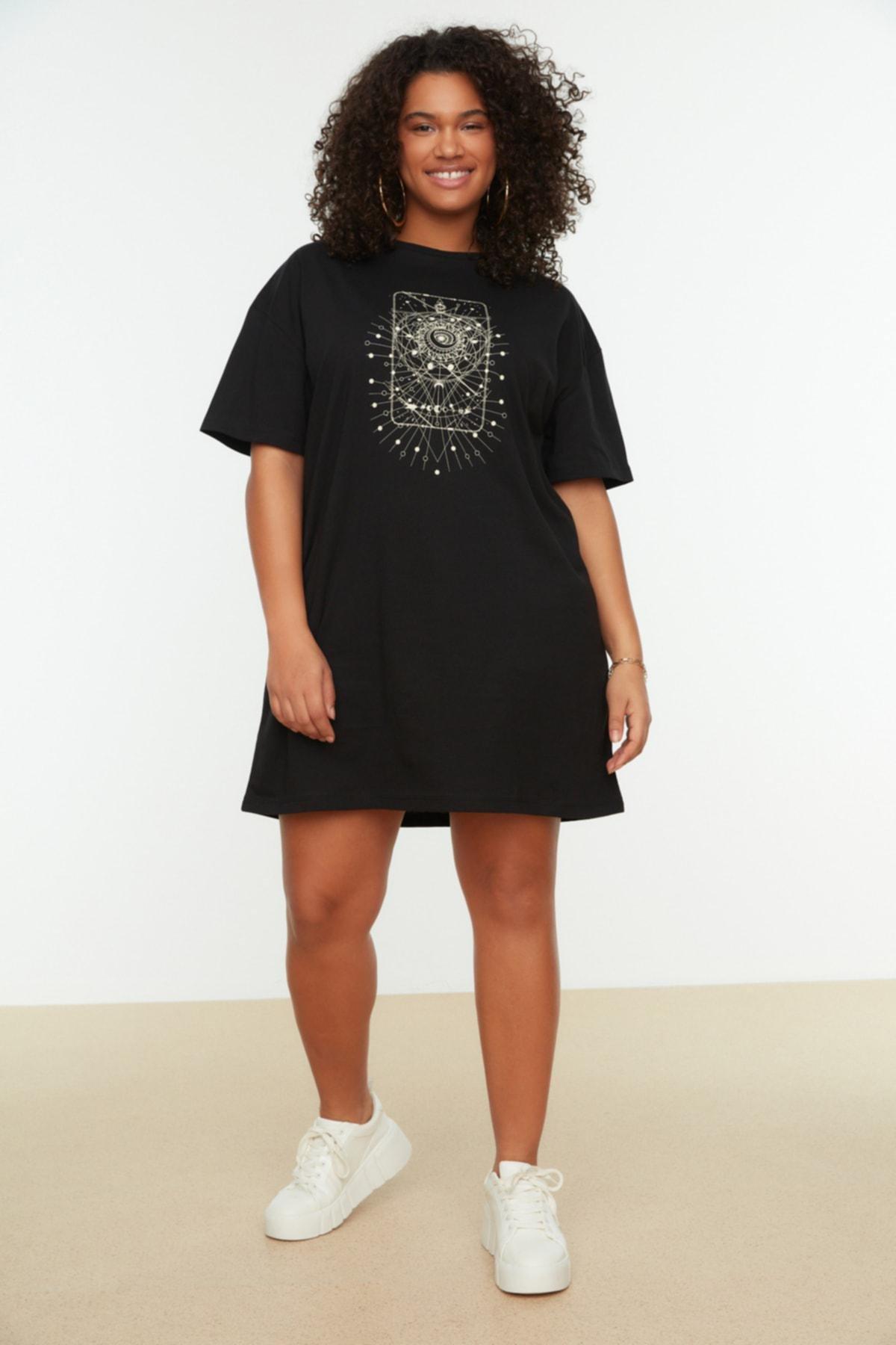 Black Crew Neck Plus Size Mini Dress, Black, medium