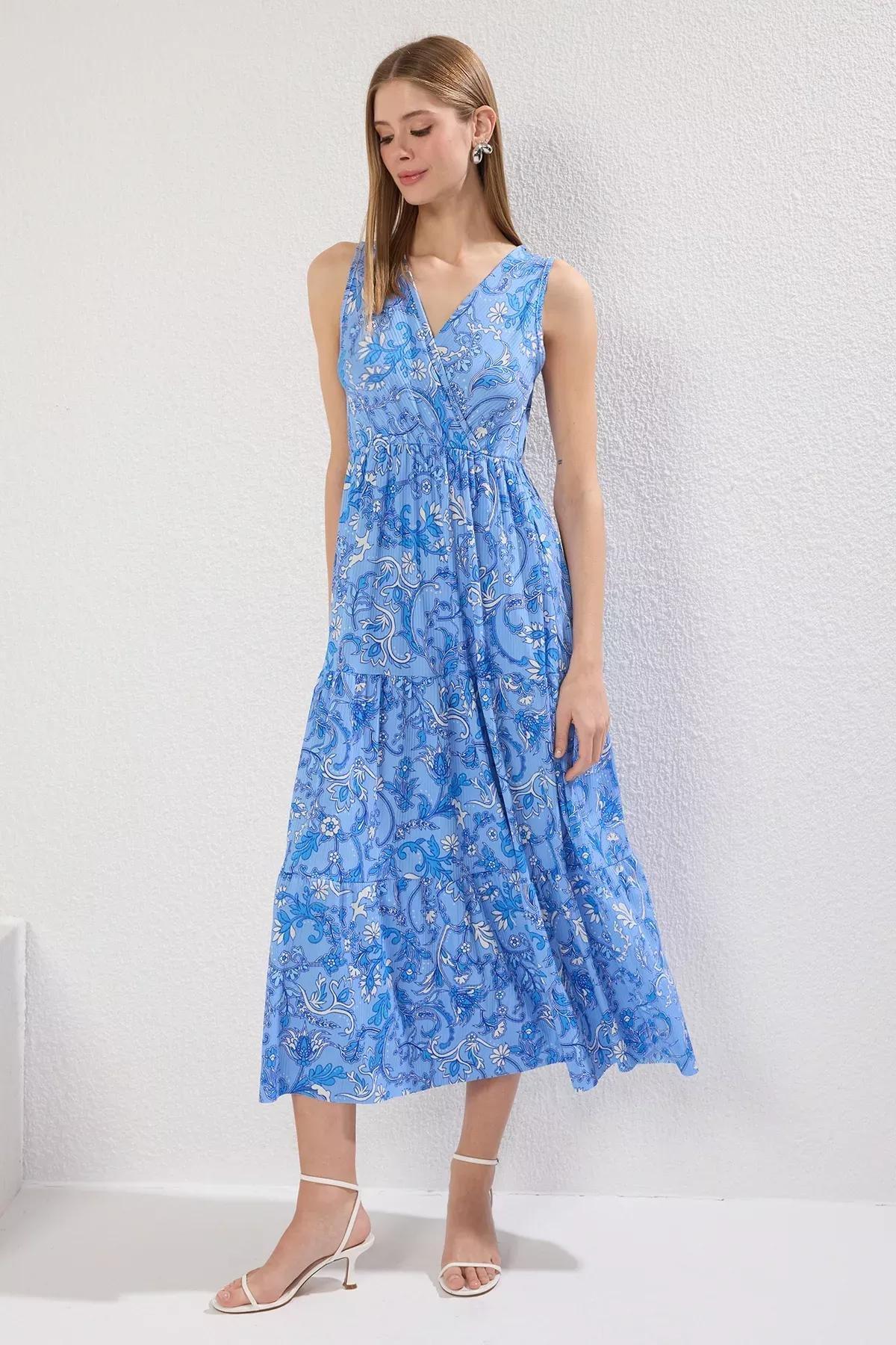 Blue Print Shawl V-Neck Maxi Dress, , large image number 0