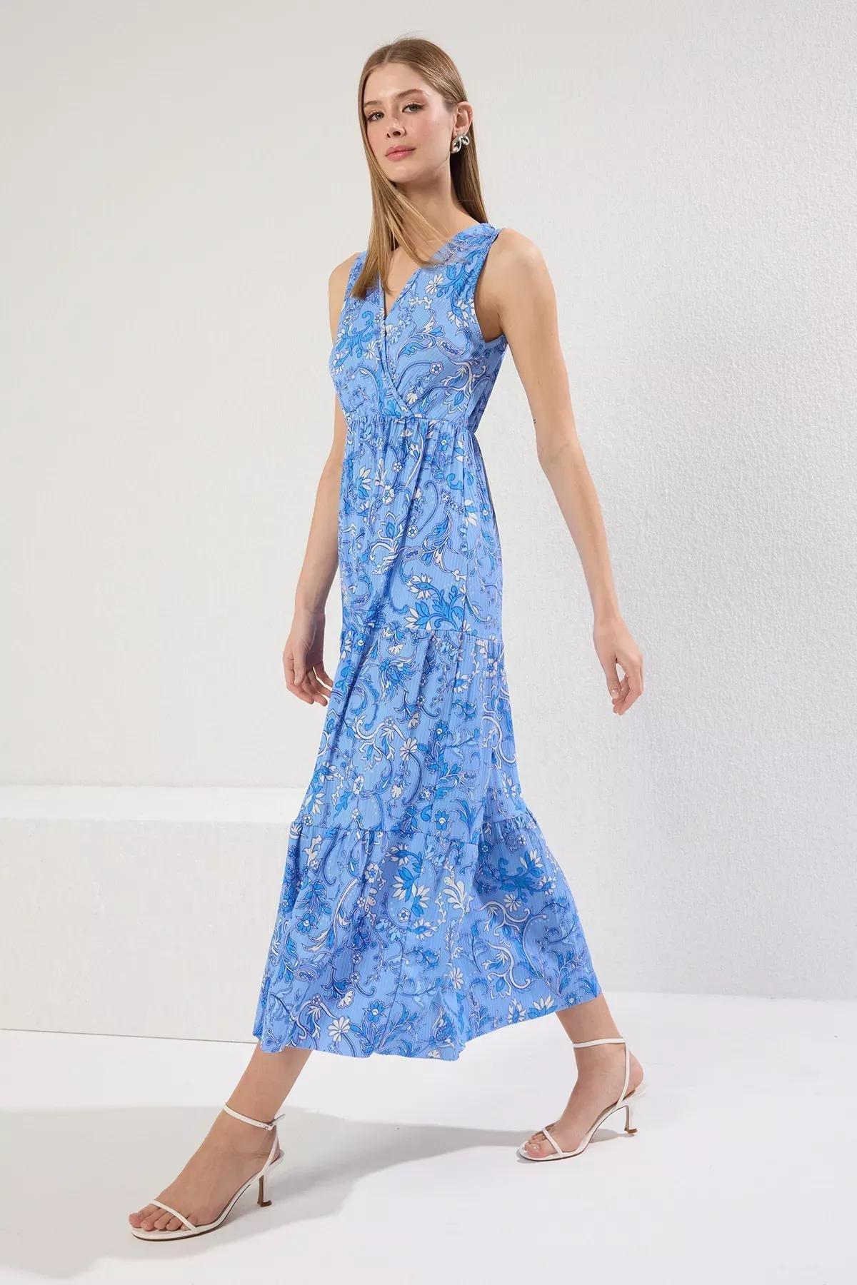 Blue Print Shawl V-Neck Maxi Dress, , large image number 1