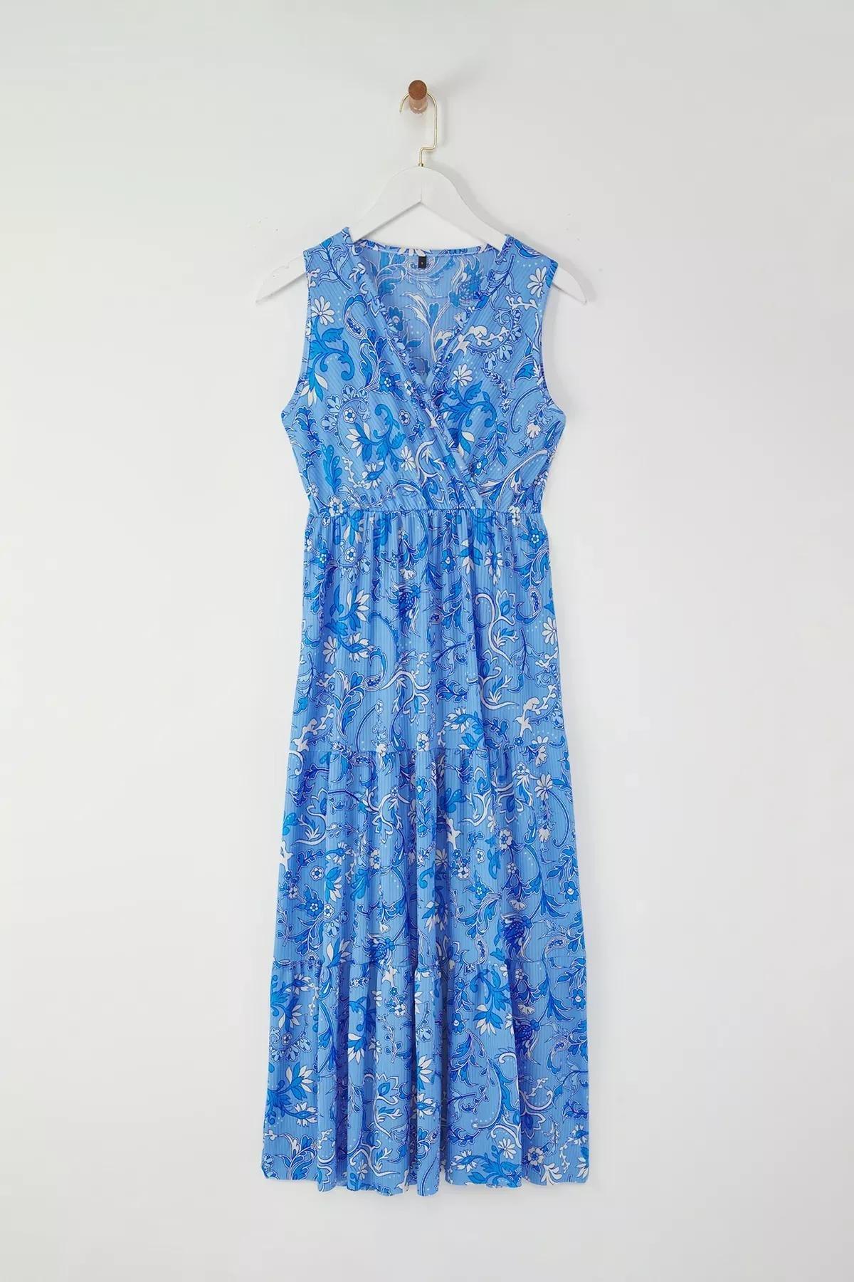 Blue Print Shawl V-Neck Maxi Dress, , large image number 4