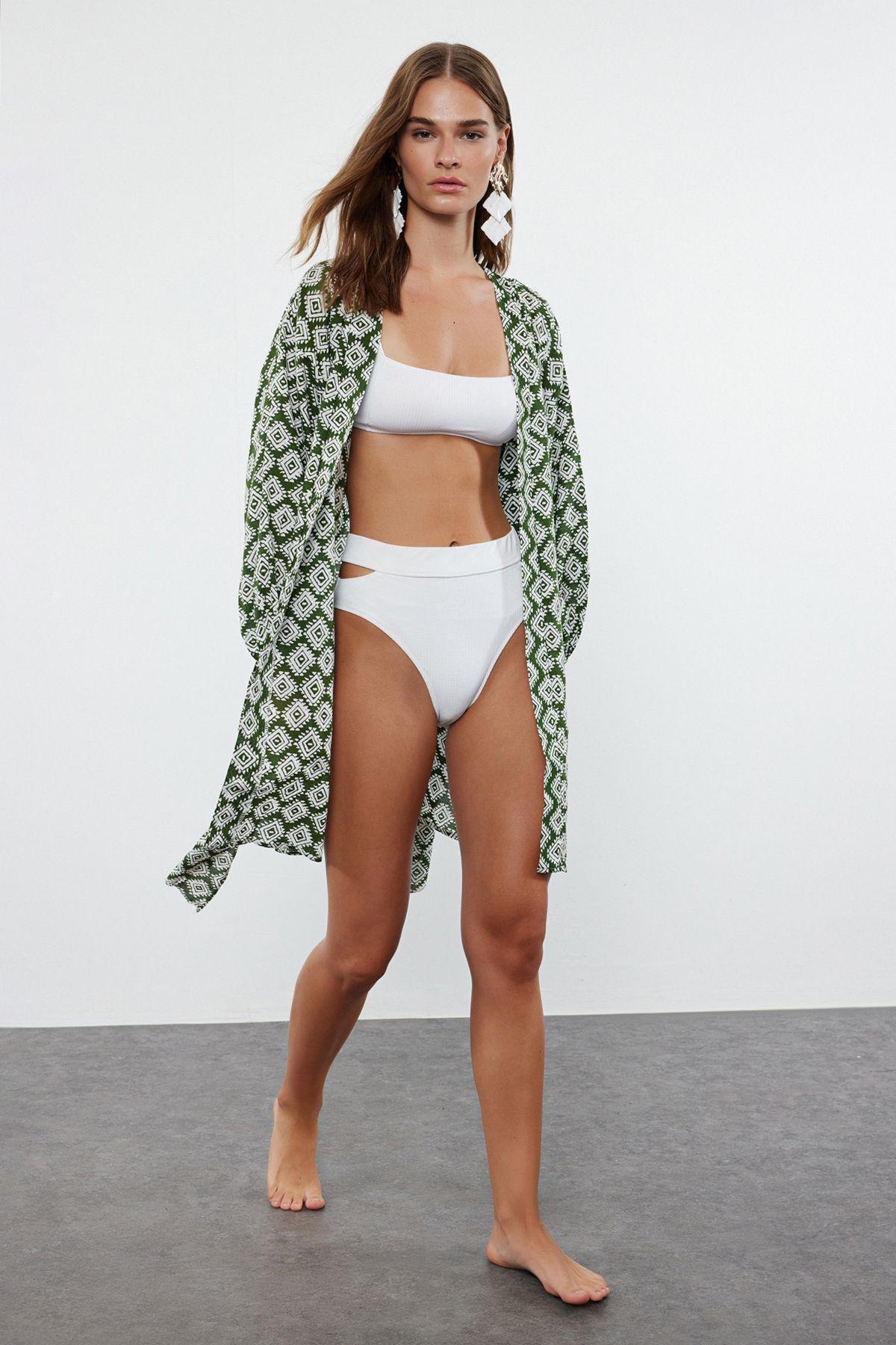 Geometric Patterned Mini Weaving 100% Cotton Beach Kimono&Caftan TBESS22KM0022, , large image number 0