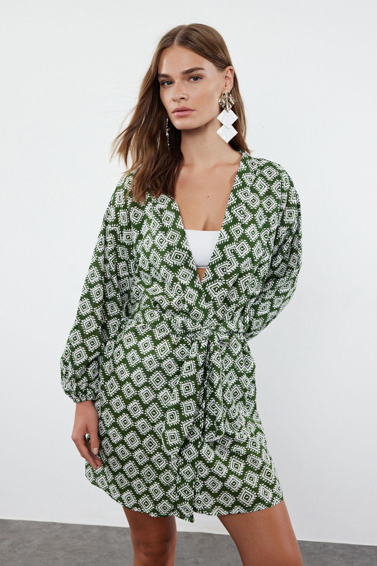 Geometric Patterned Mini Weaving 100% Cotton Beach Kimono&Caftan TBESS22KM0022, , large image number 1