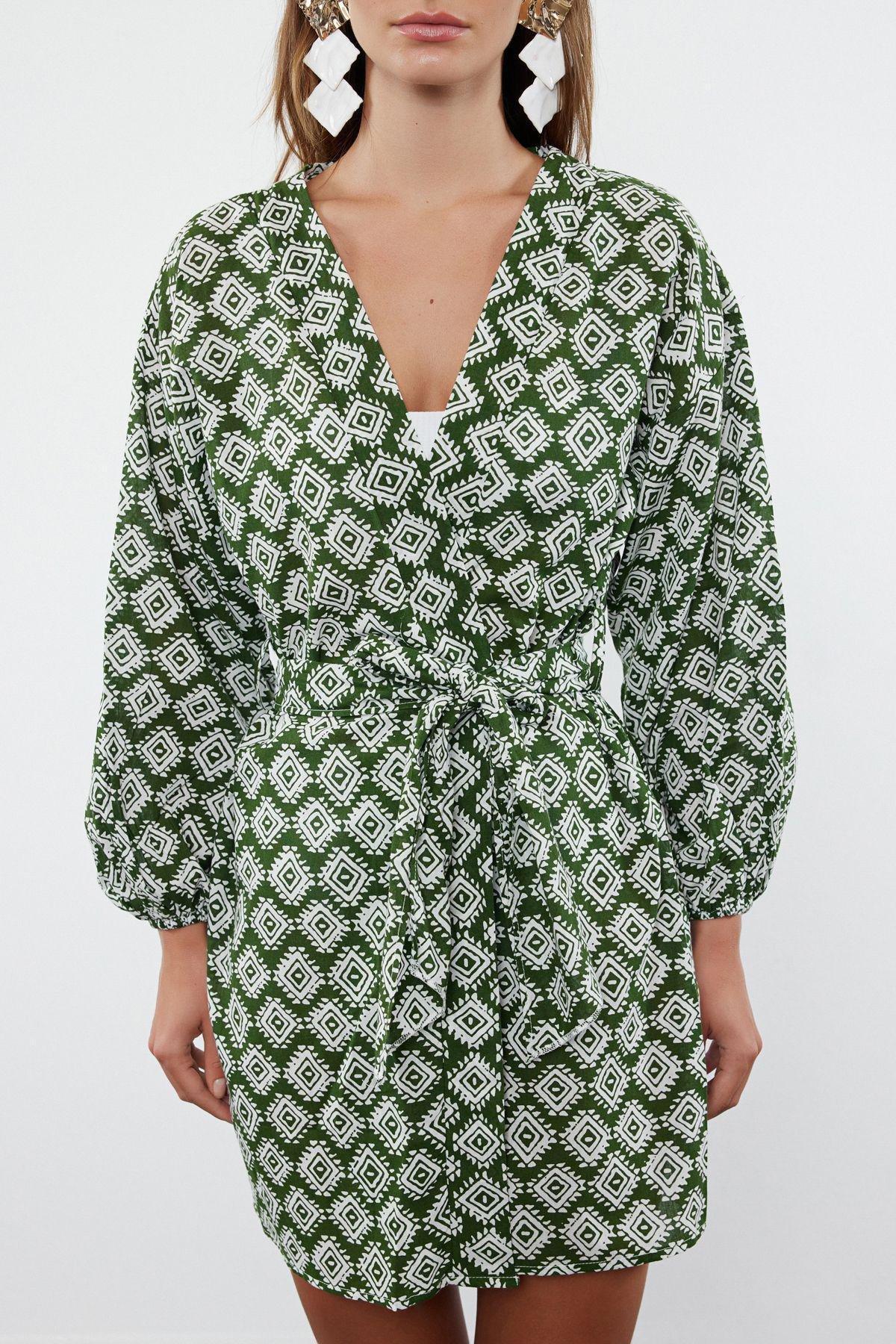 Geometric Patterned Mini Weaving 100% Cotton Beach Kimono&Caftan TBESS22KM0022, , large image number 2