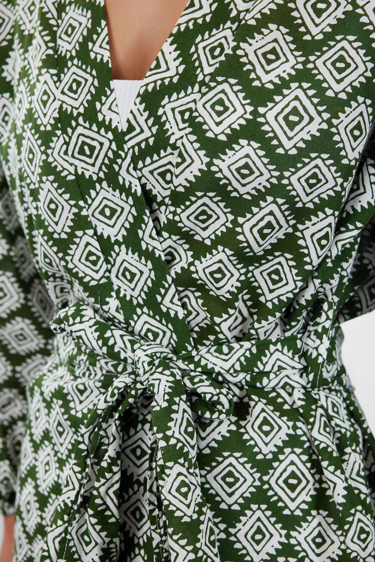 Geometric Patterned Mini Weaving 100% Cotton Beach Kimono&Caftan TBESS22KM0022, , large image number 3