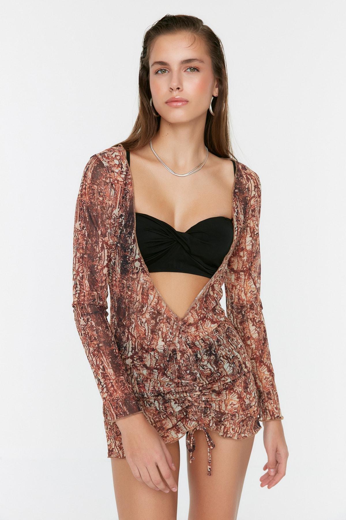 Brown Bodycon V Neck Dress, , large image number 0