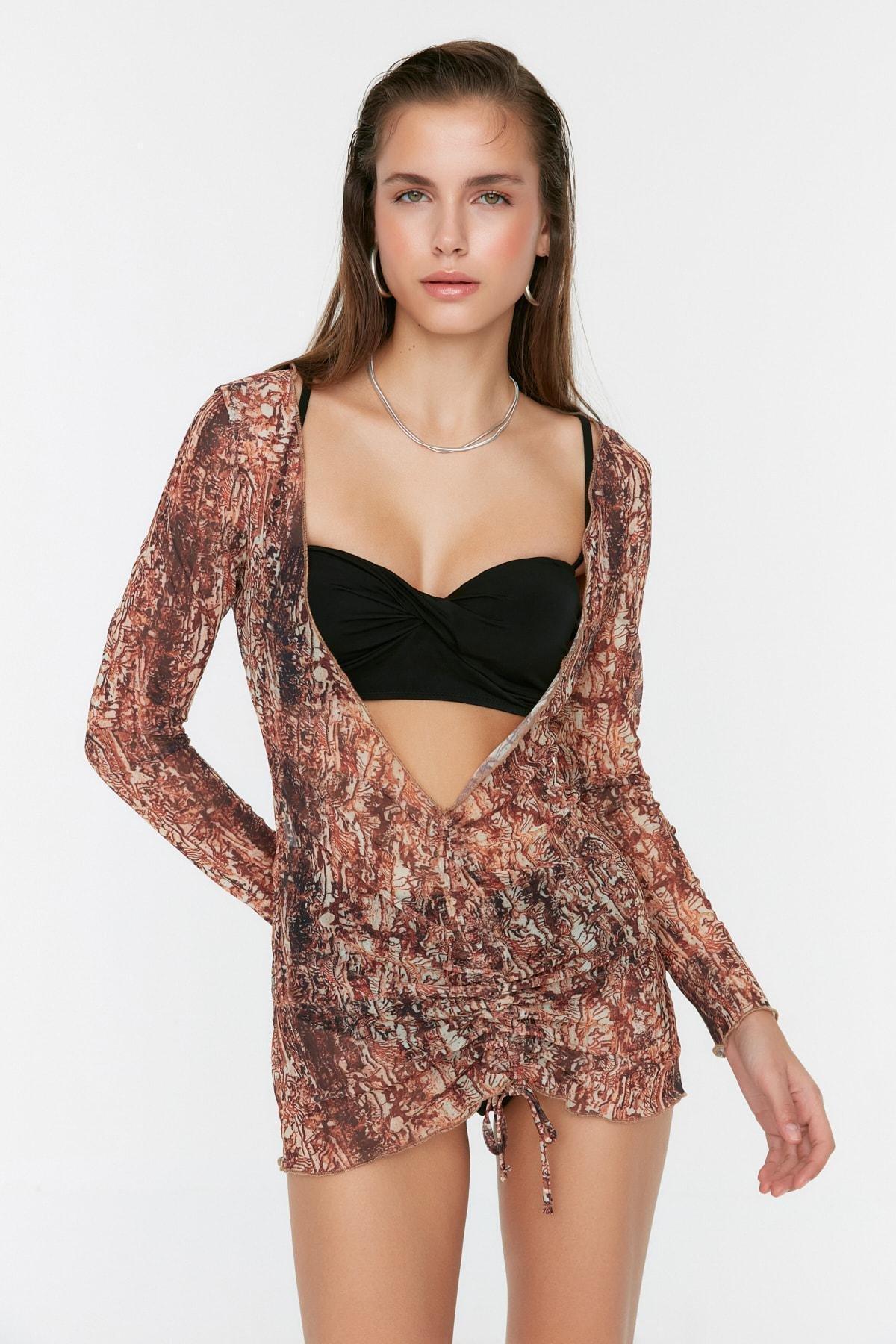 Brown Bodycon V Neck Dress, , large image number 1