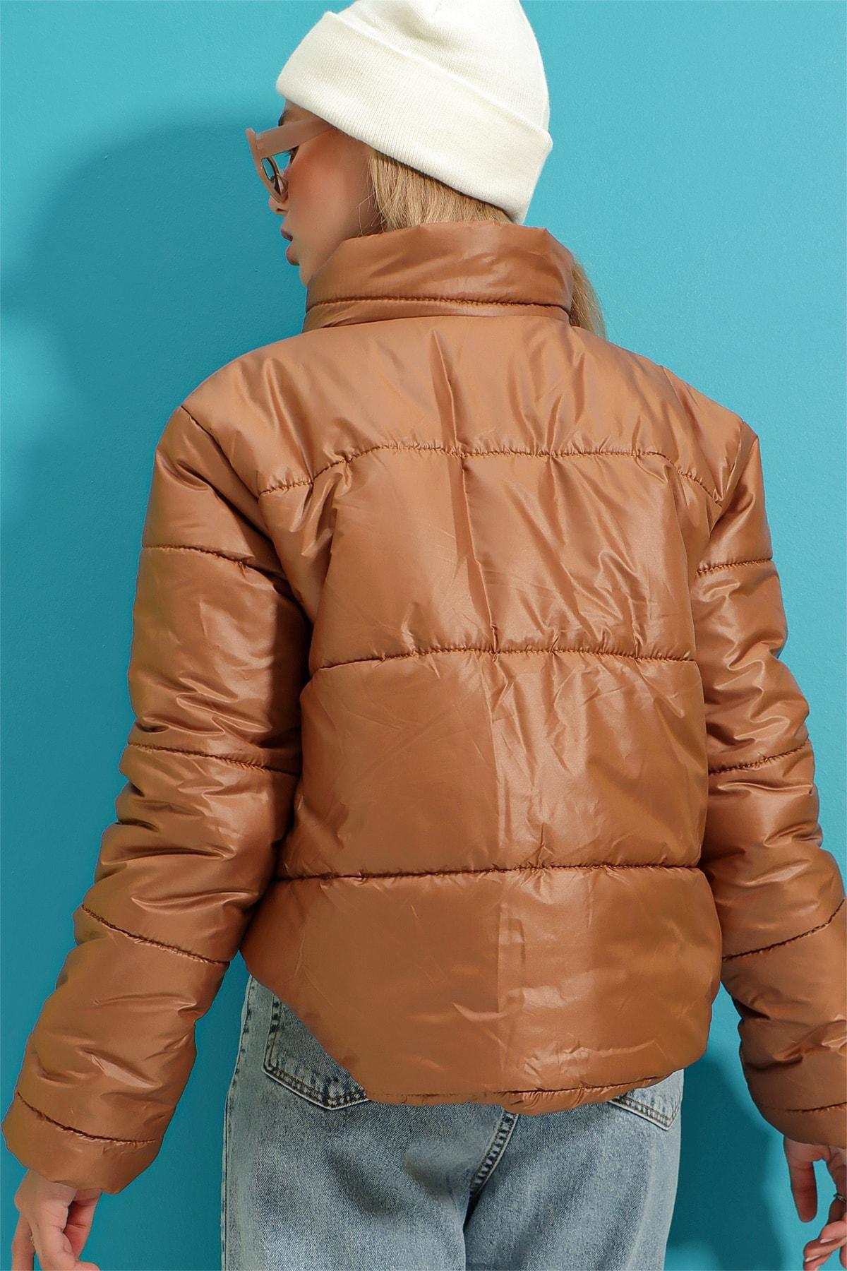 Brown Standing Collar Puffer Jacket, , large image number 7