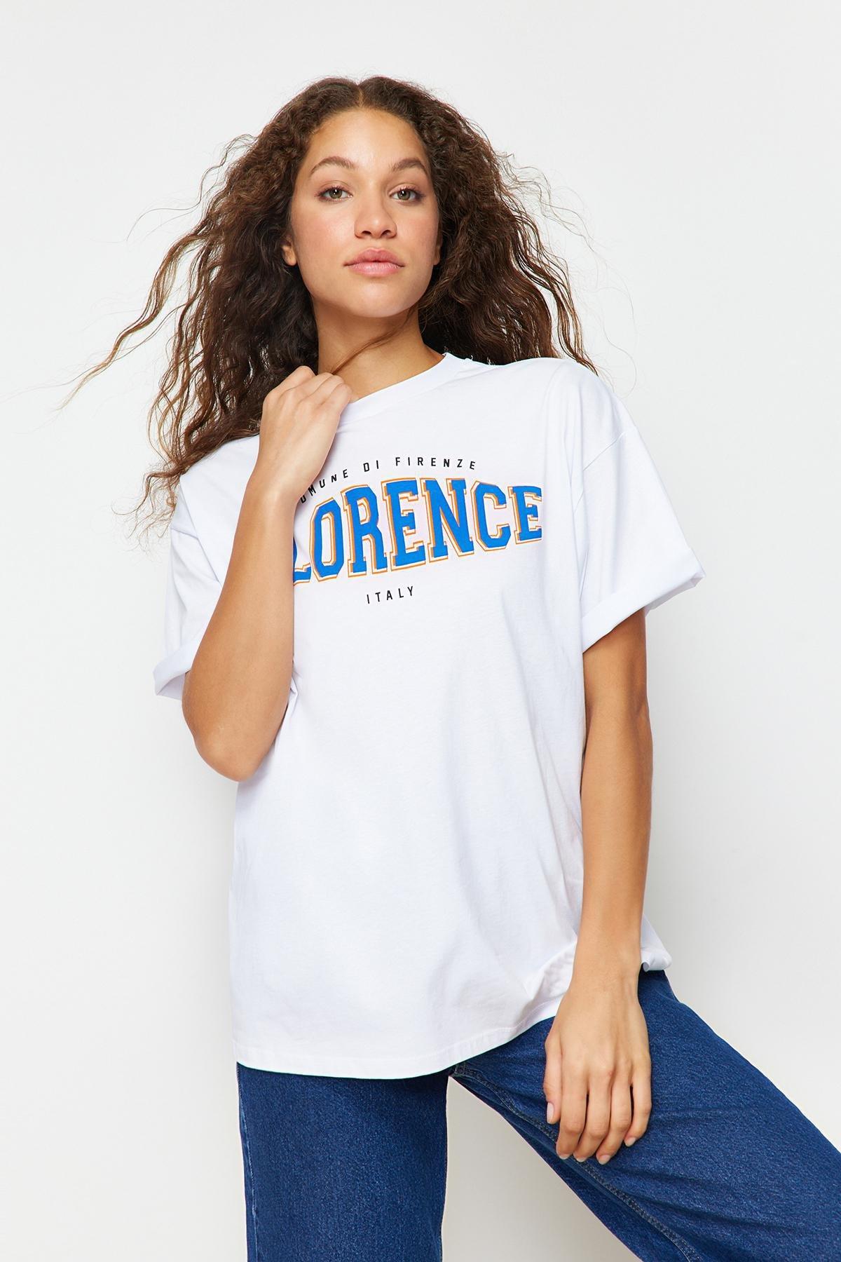 White Printed Boyfriend T-Shirt, White, large image number 1