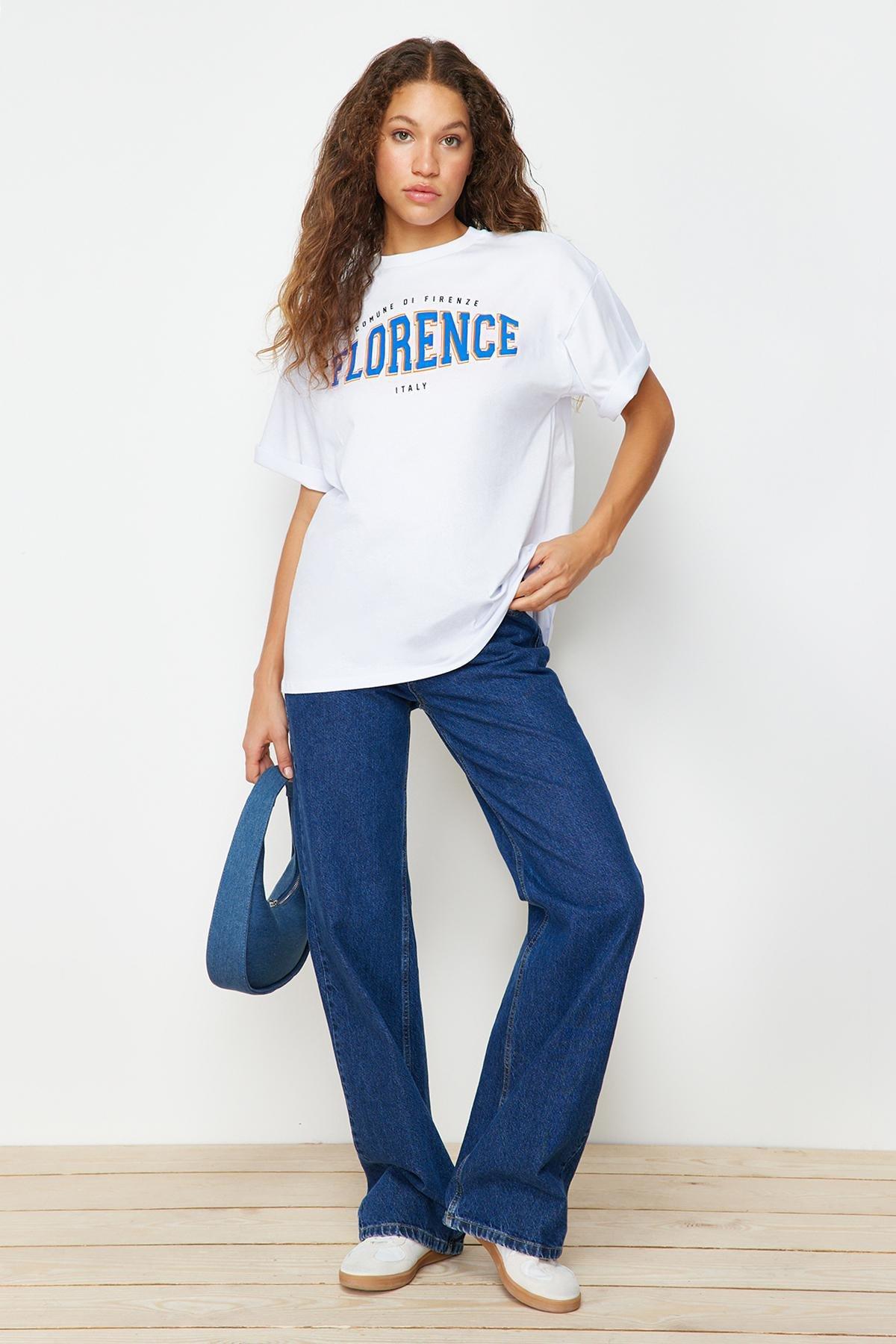 White Printed Boyfriend T-Shirt, White, large image number 3