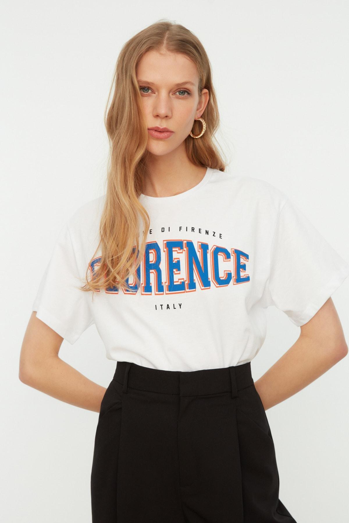 White Printed Boyfriend T-Shirt, White, large image number 4