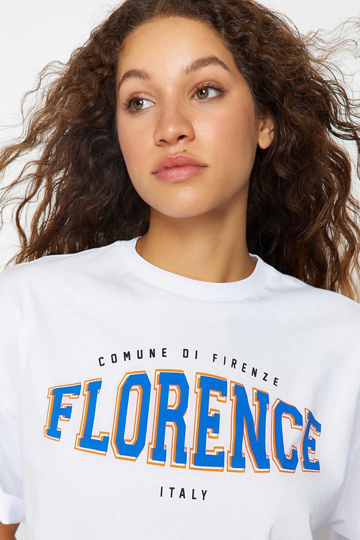 White Printed Boyfriend T-Shirt, White, large image number 5