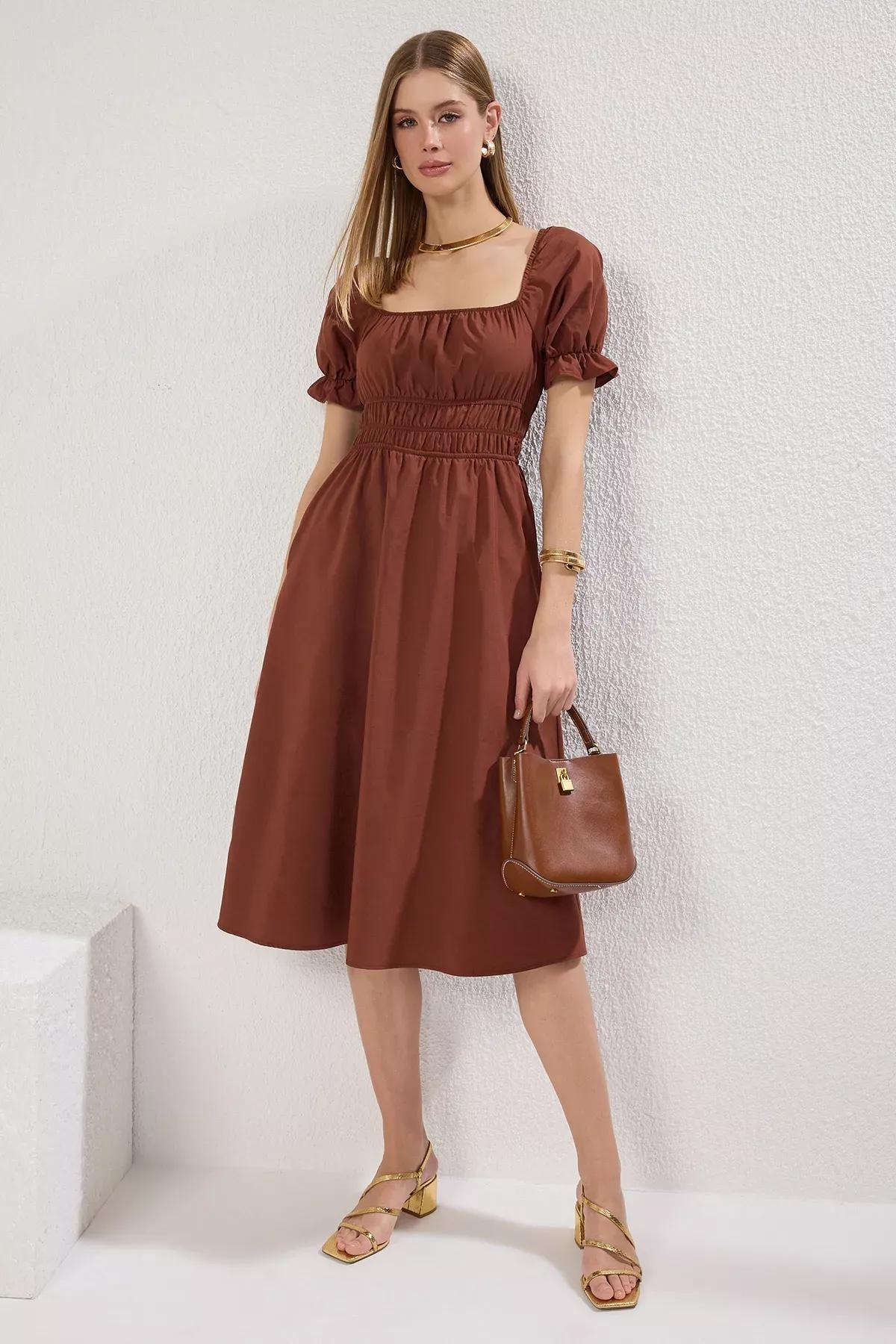 Brown Plain Elastic Midi Dress, , large image number 0
