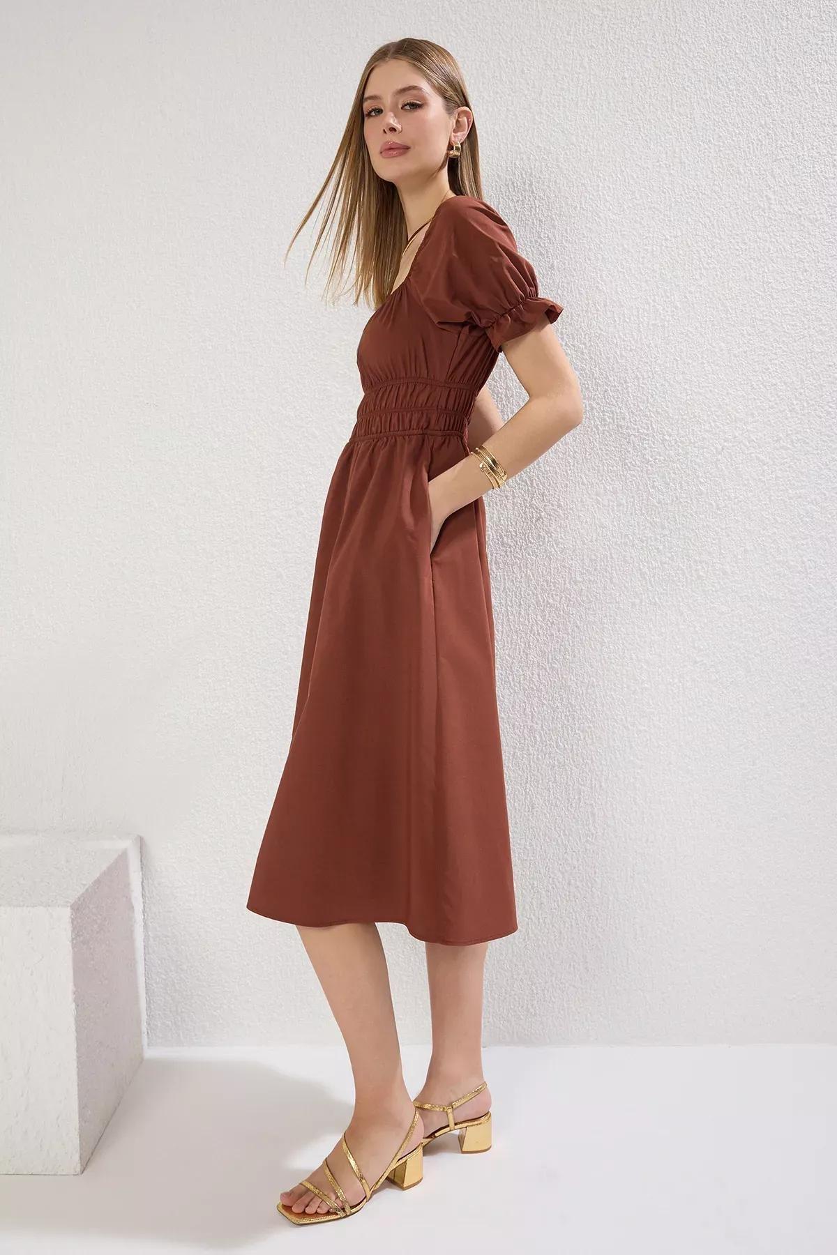 Brown Plain Elastic Midi Dress, , large image number 1