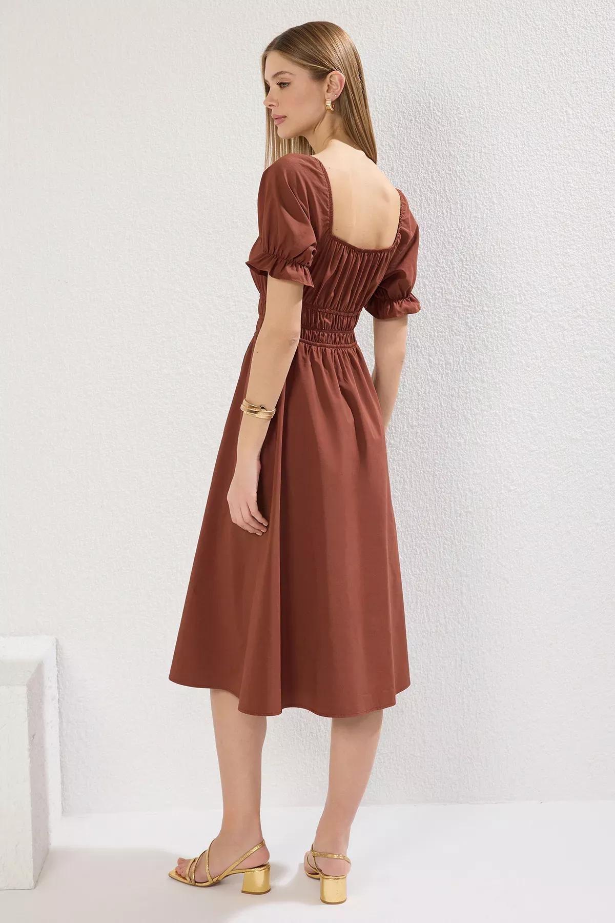 Brown Plain Elastic Midi Dress, , large image number 3
