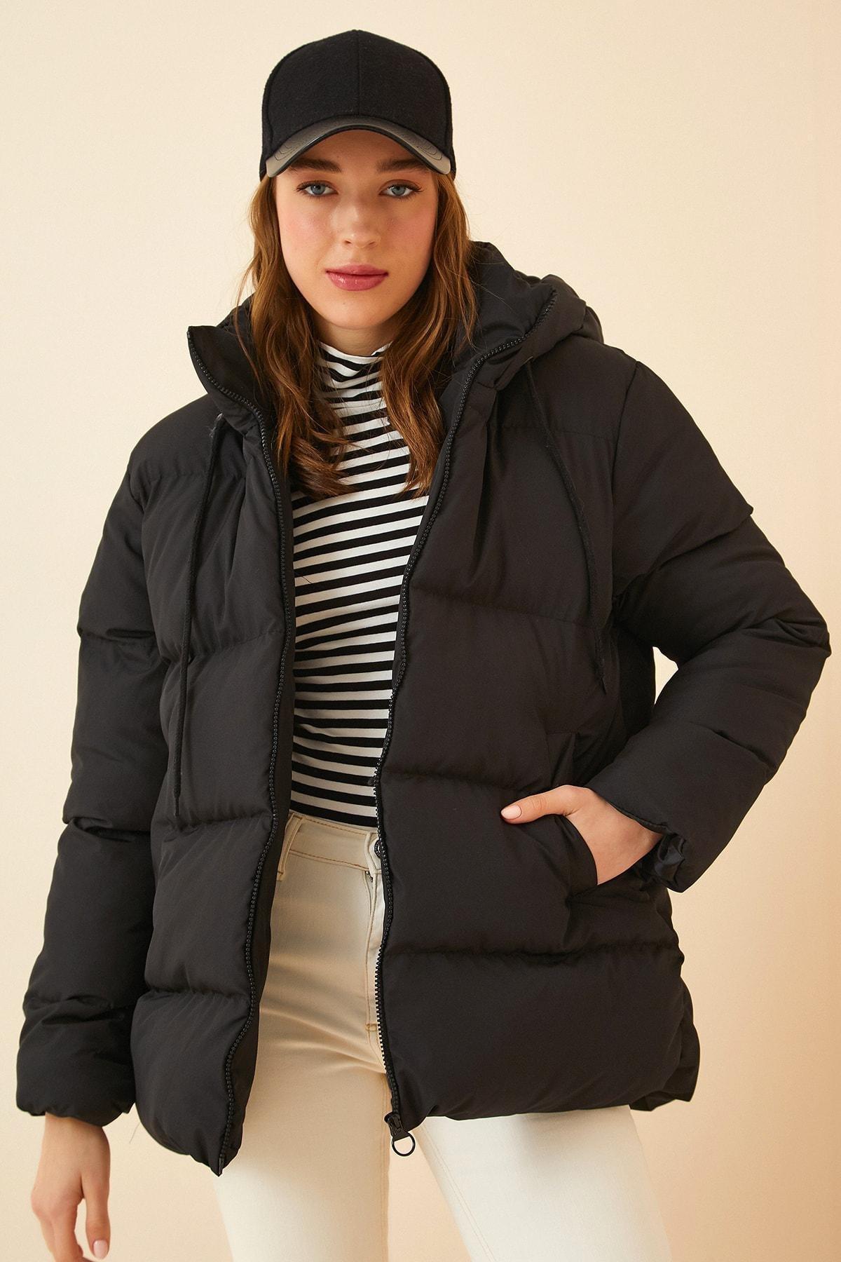 Black Hooded Puffer Jacket, BLACK, medium