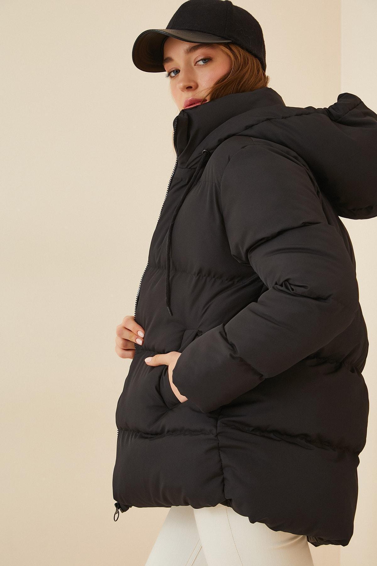 Black Hooded Puffer Jacket, BLACK, medium