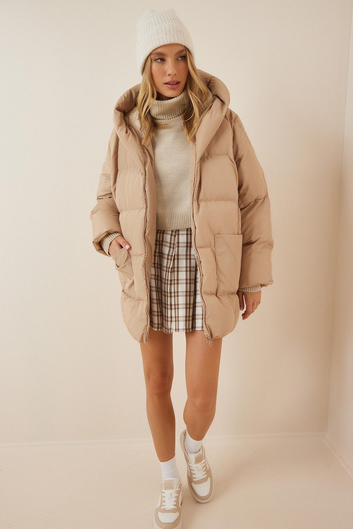 Beige Hooded Puffer Jacket, , large image number 3