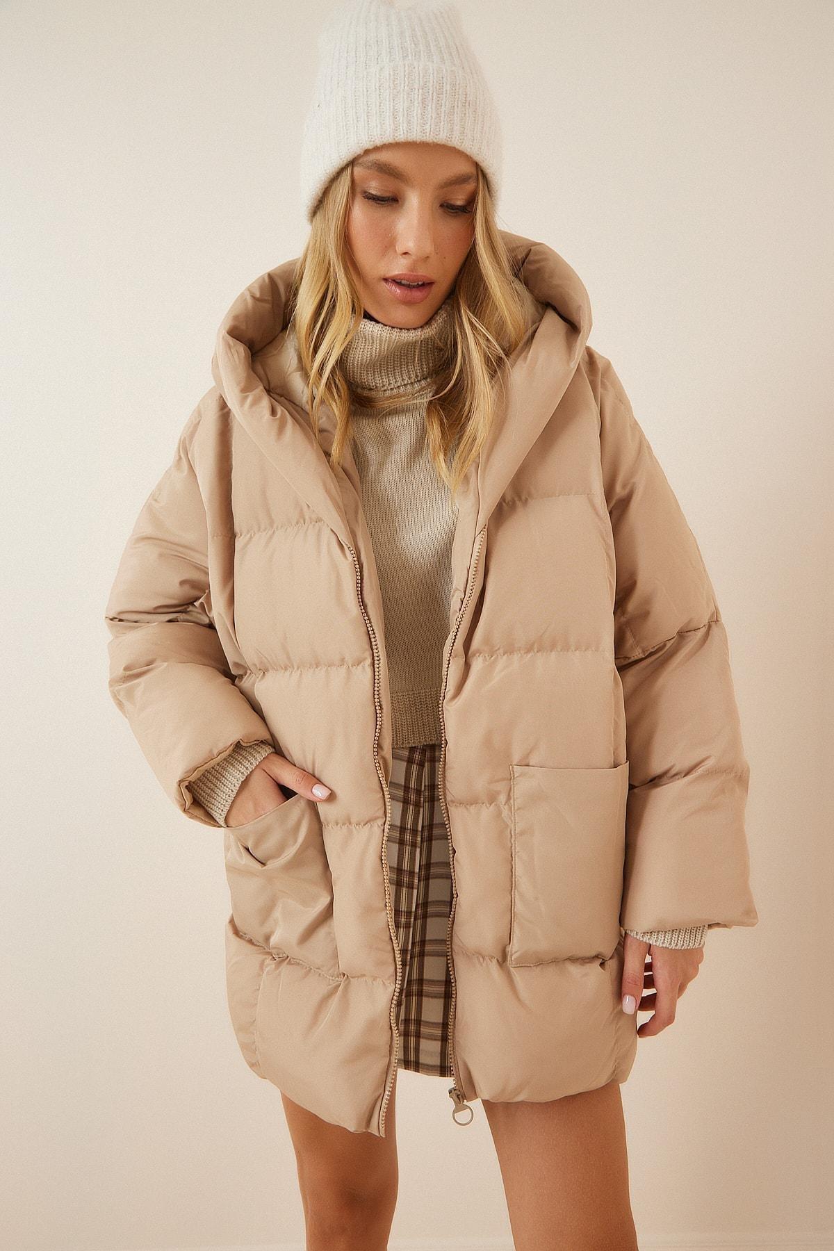 Beige Hooded Puffer Jacket, , large image number 4