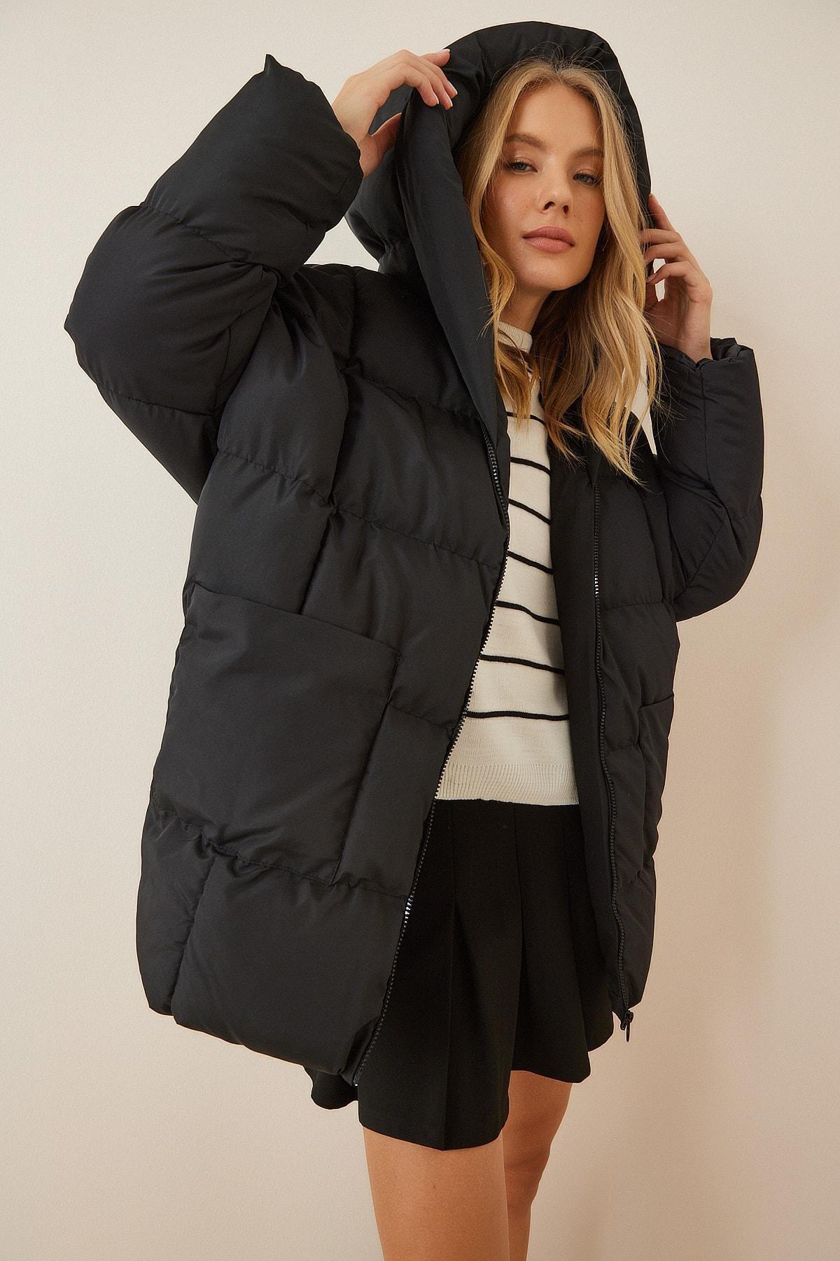 Black Hooded Off-Shoulder Puffer Jacket, , large image number 0