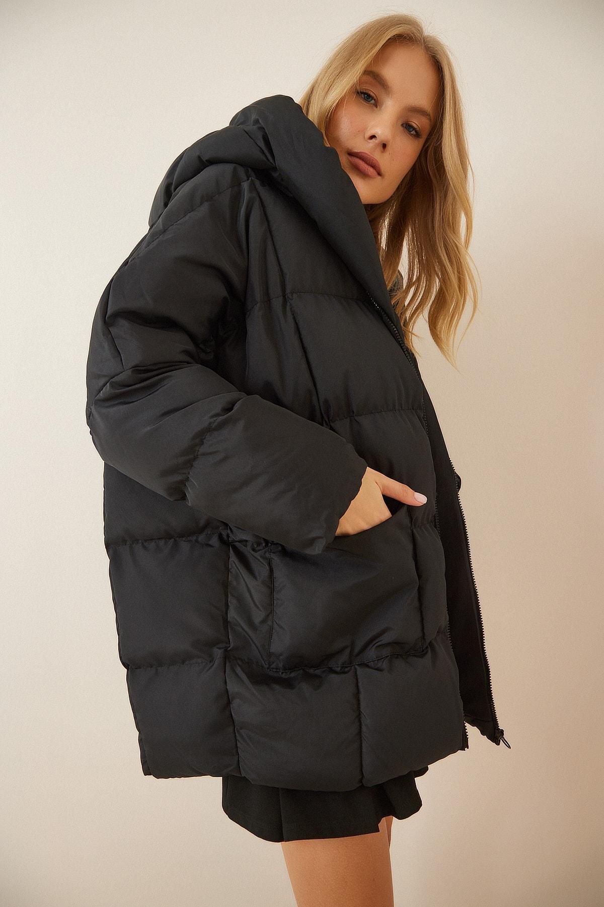 Black Hooded Off-Shoulder Puffer Jacket, , large image number 1