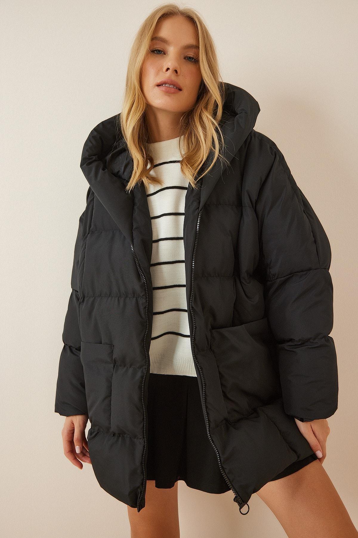 Black Hooded Off-Shoulder Puffer Jacket, , large image number 2