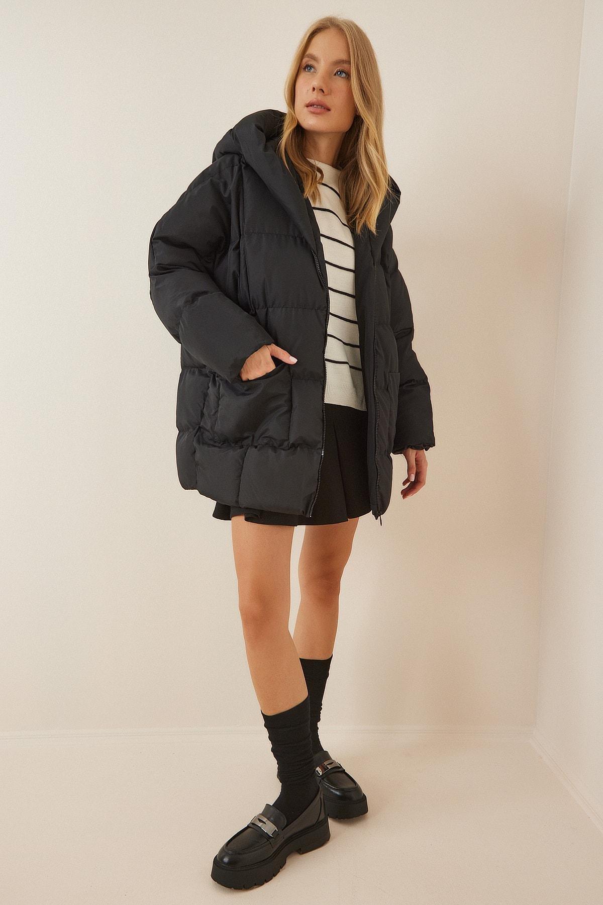 Black Hooded Off-Shoulder Puffer Jacket, , large image number 3