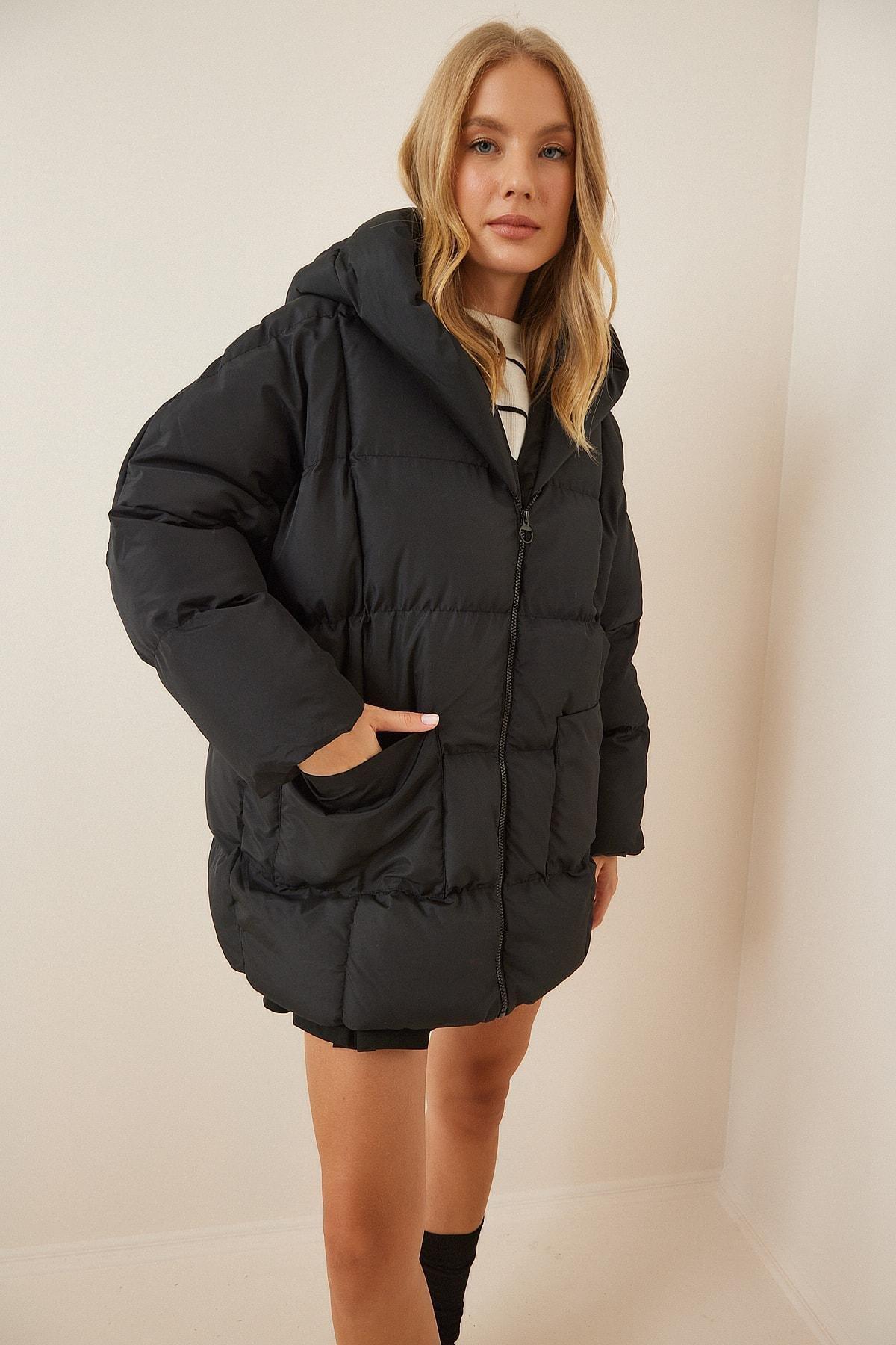 Black Hooded Off-Shoulder Puffer Jacket, , large image number 4