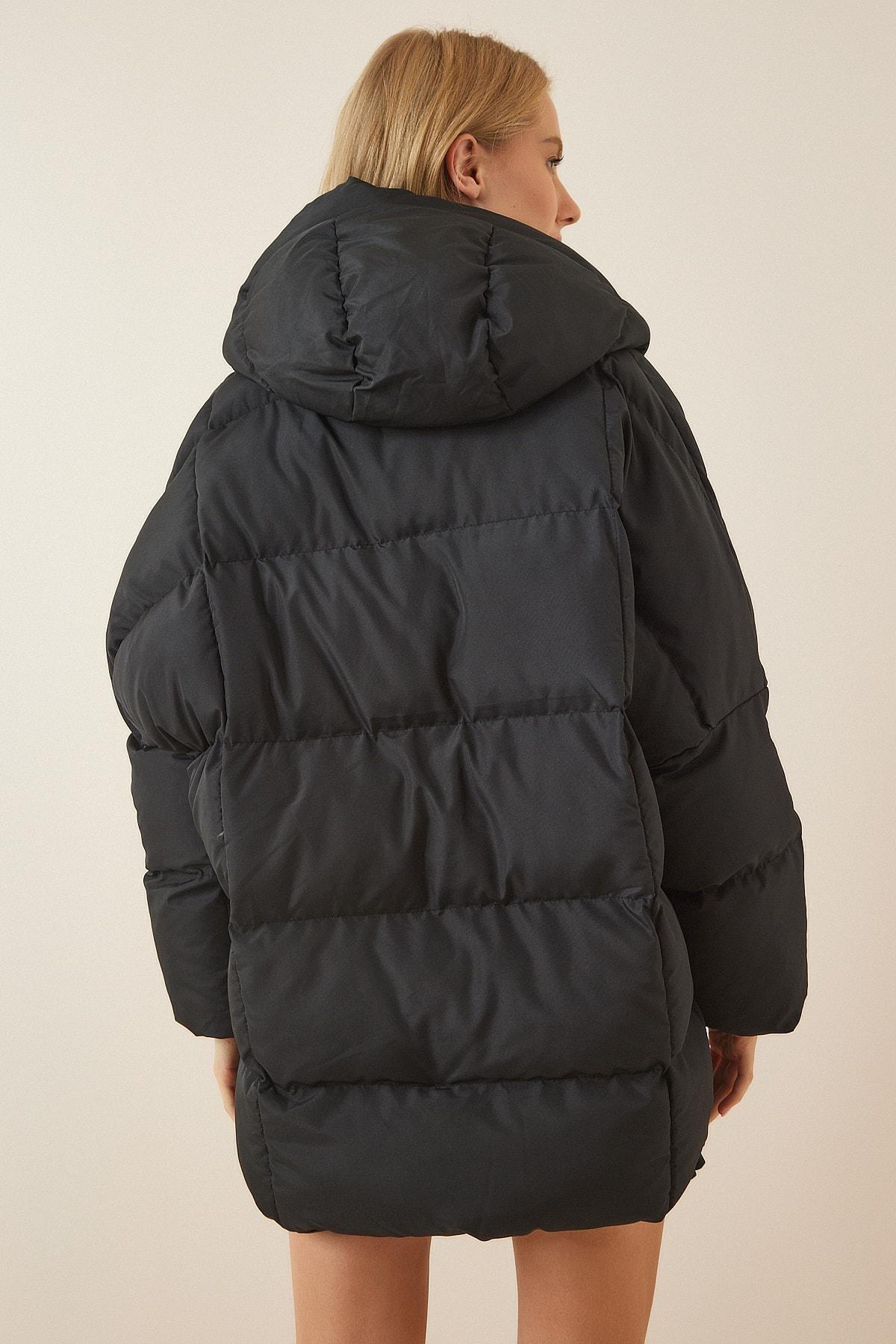 Black Hooded Off-Shoulder Puffer Jacket, , large image number 5