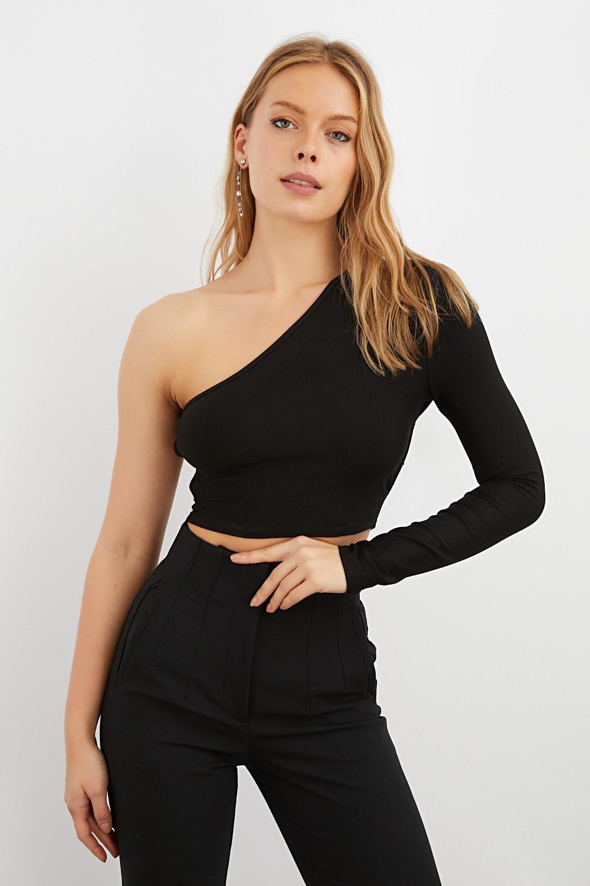 Black Fitted Bodycon Crop Top, BLACK, medium