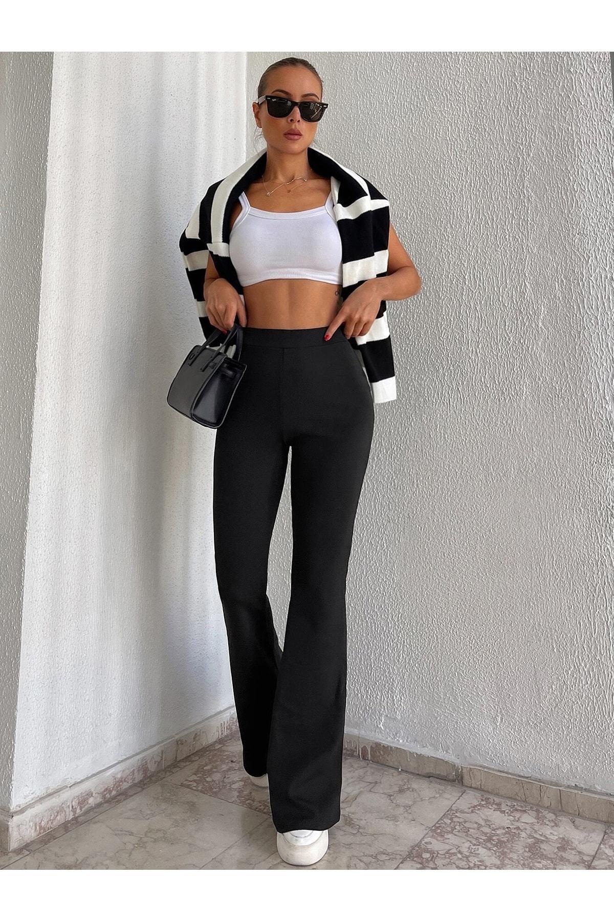 Black Ribbed Flare Leggings, , large image number 0