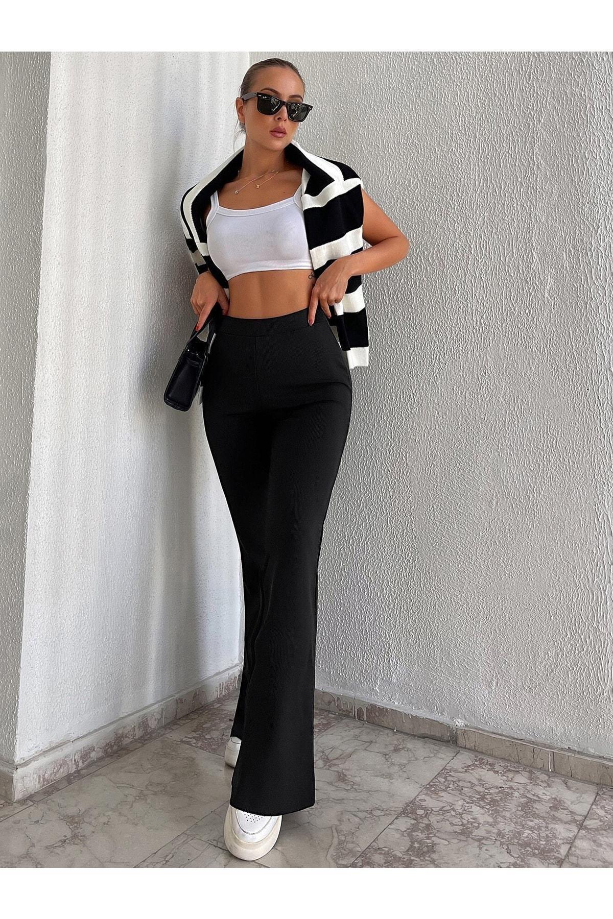 Black Ribbed Flare Leggings, , large image number 1