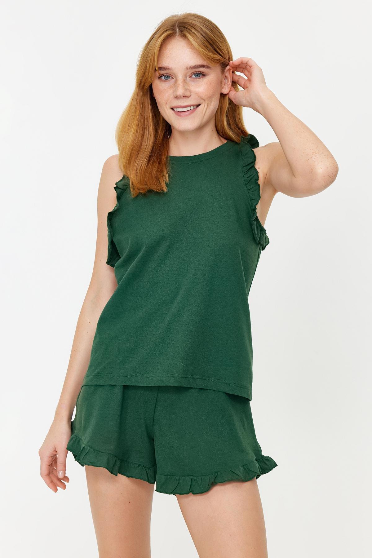 Green Cotton Ruffle Knitted Pyjamas Set, , large image number 0