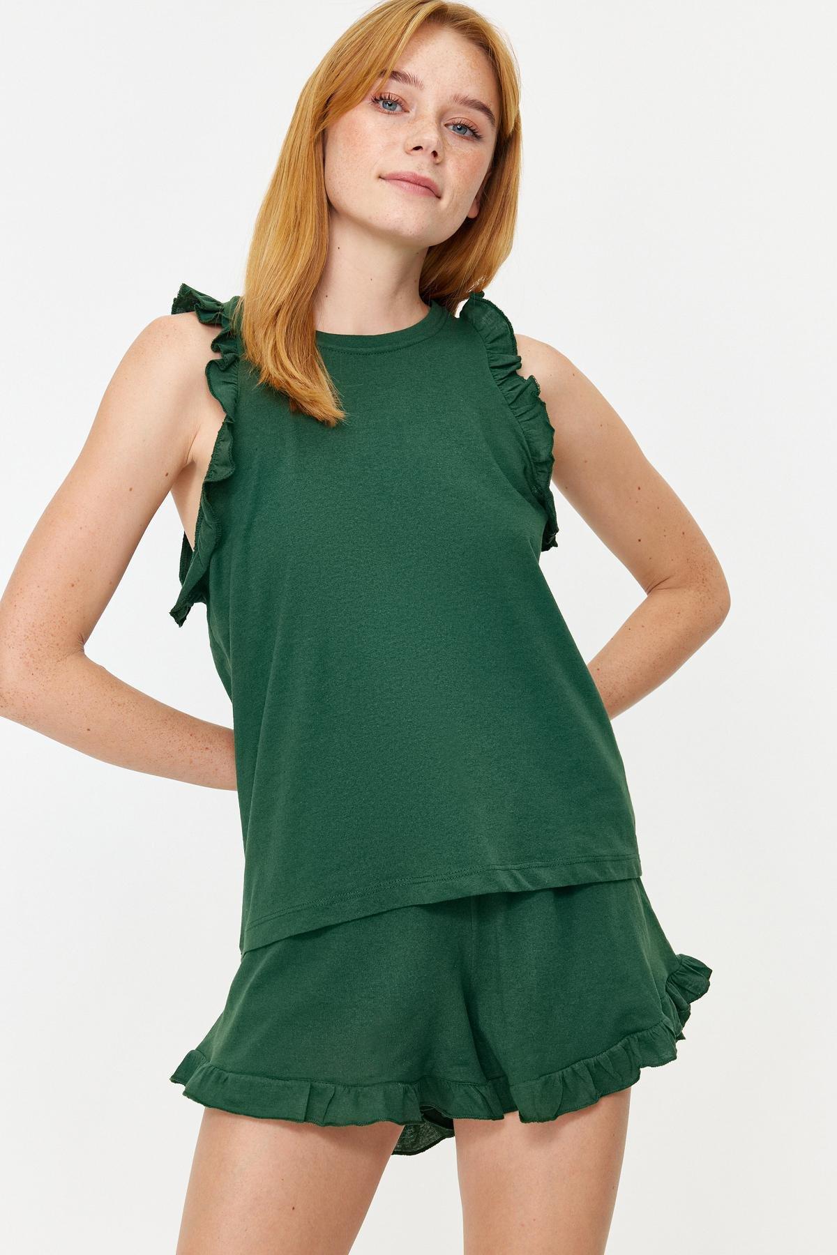 Green Cotton Ruffle Knitted Pyjamas Set, , large image number 1