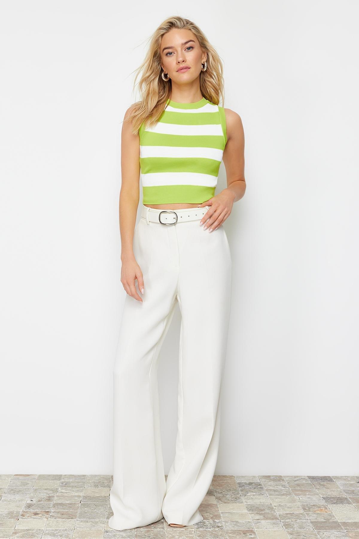 Yellow Crop Striped Knitwear Blouse, , large image number 0