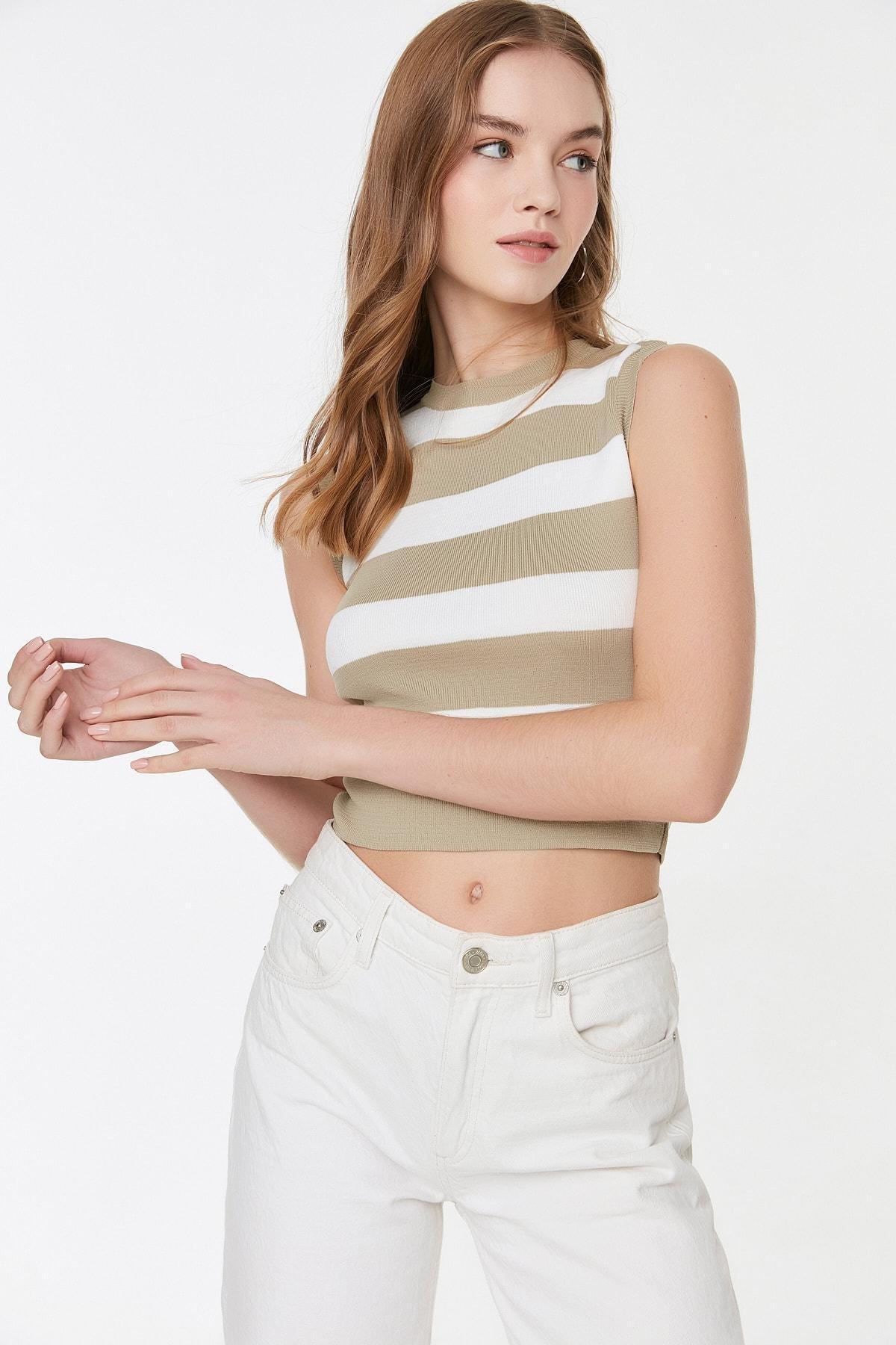 Gray Striped Slim Blouse, Beige, large image number 0