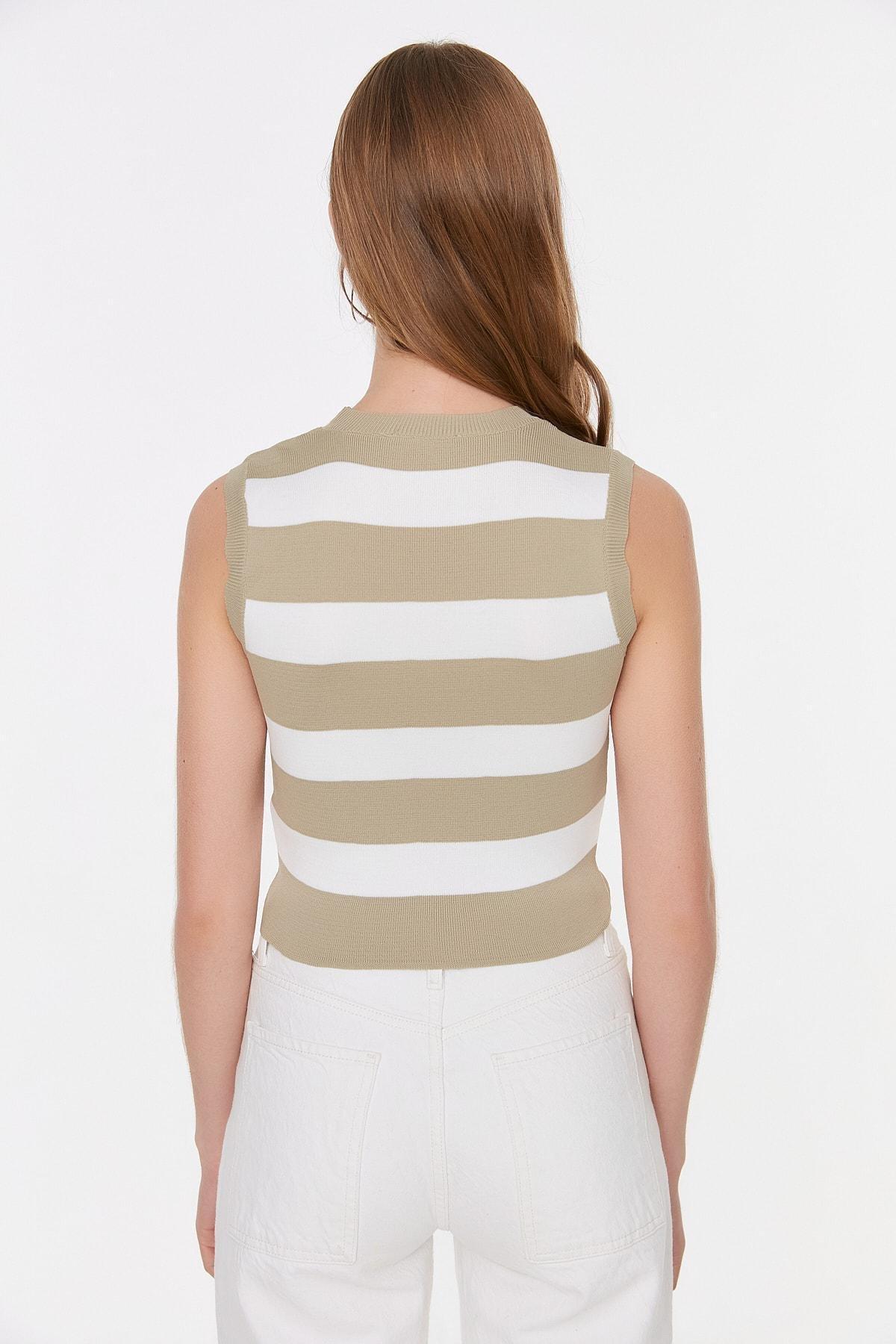 Gray Striped Slim Blouse, Beige, large image number 3