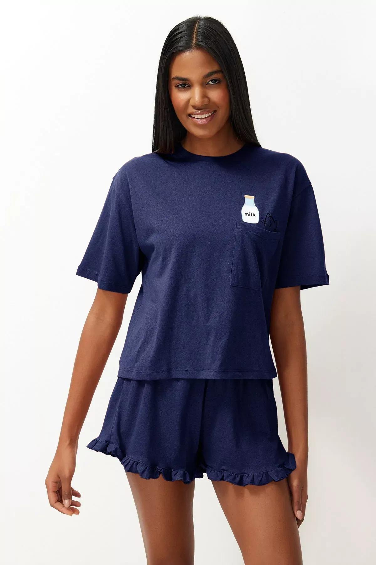 Navy Ruffle Printed Pajama Set, , large image number 0