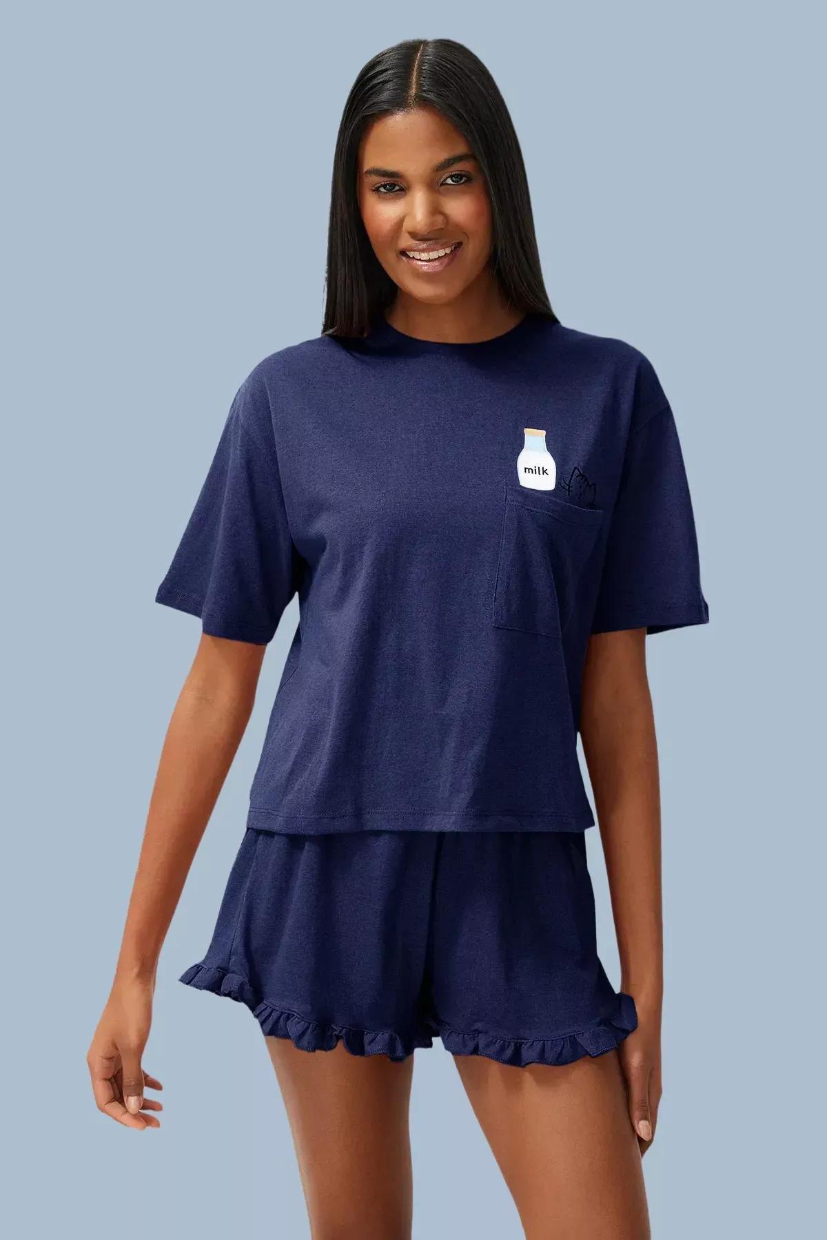 Navy Ruffle Printed Pajama Set, , large image number 1